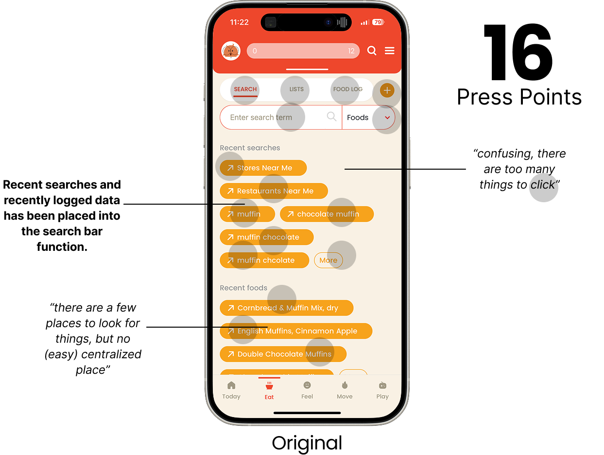 Two smartphone screens of a food tracking app showing search with recent foods on the left and meal logging options for breakfast, lunch, dinner, and snack on the right.