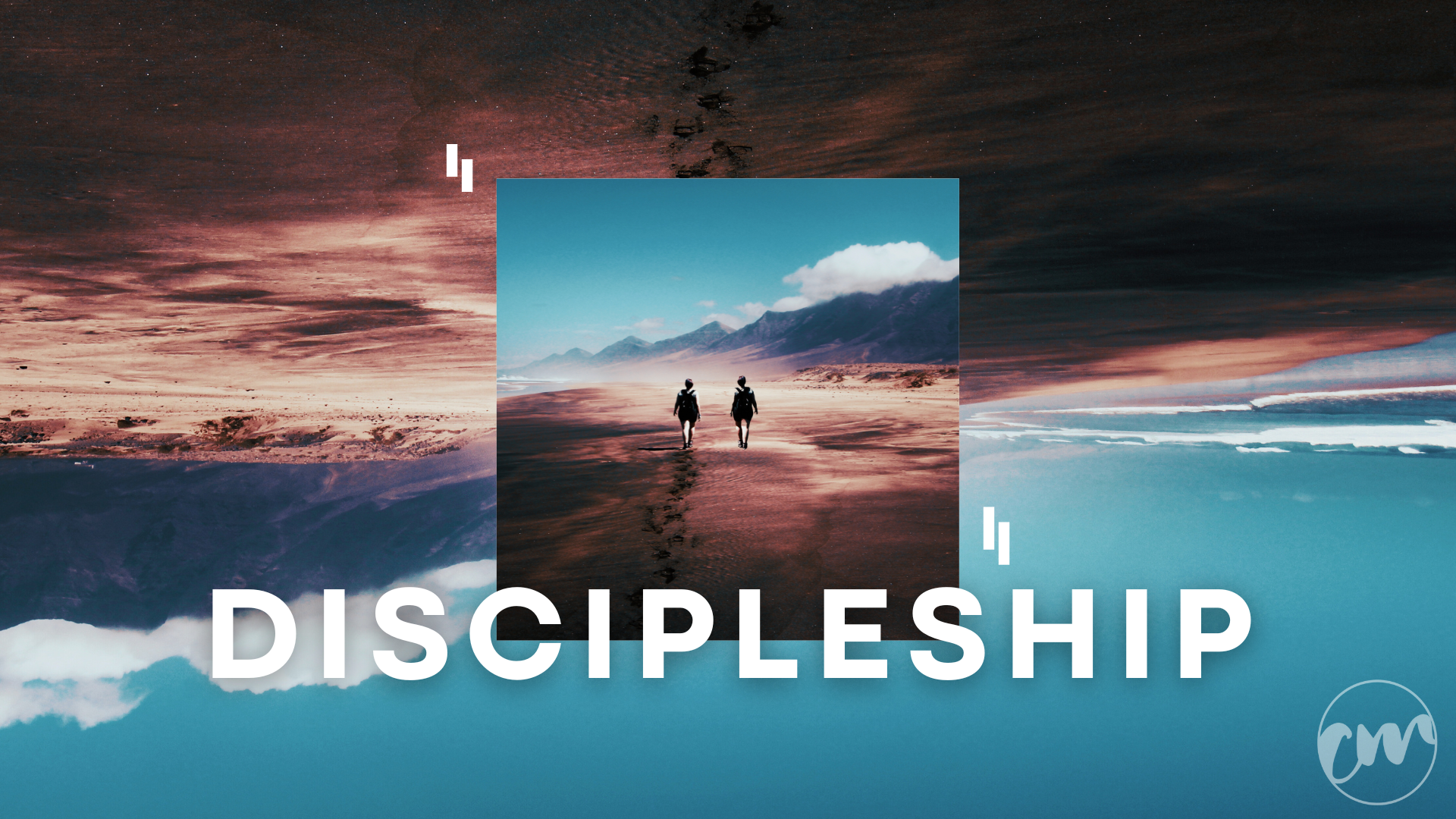 Two people walking on a sandy beach toward mountains under a blue sky with white clouds, with the word DISCIPLESHIP below.
