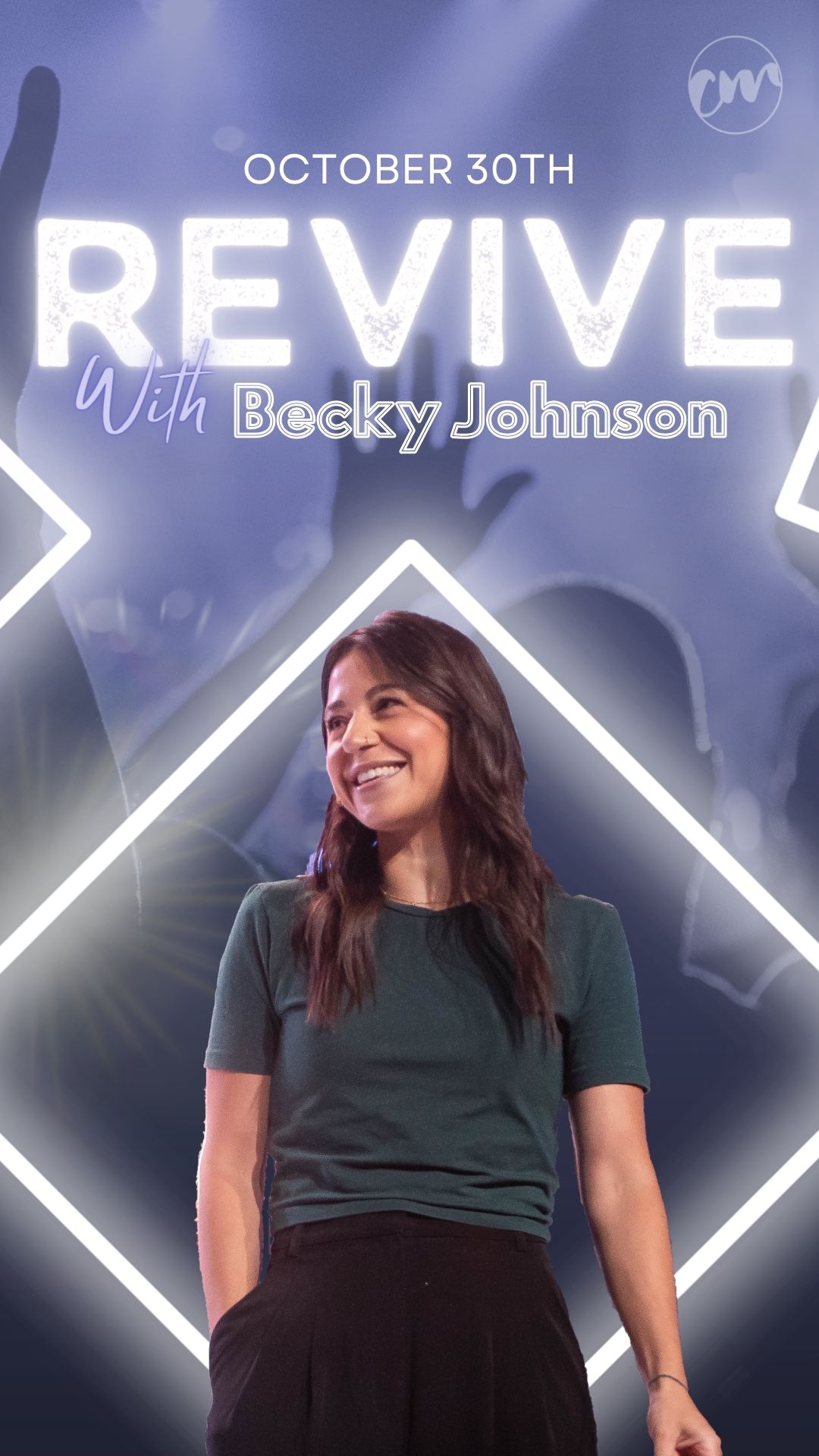 Smiling woman in a green shirt and black pants standing in front of a blue background with raised hands and text reading 'October 30th Revive with Becky Johnson'.
