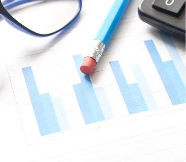 Close-up of a pencil on a financial bar graph next to a calculator and glasses, symbolizing investment performance review and wealth strategy planning by Colorado Wealth Group