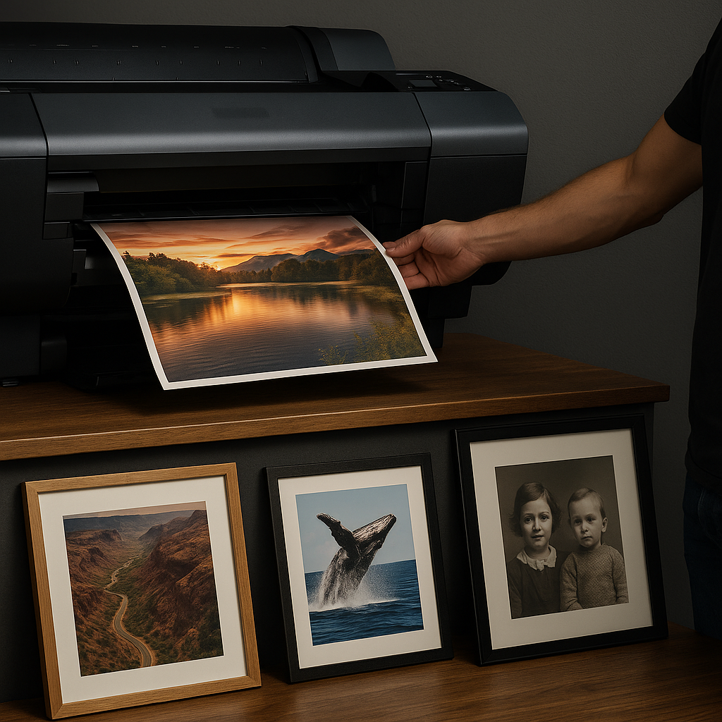 High-quality fine art photo of a lake at sunset being printed on a professional printer