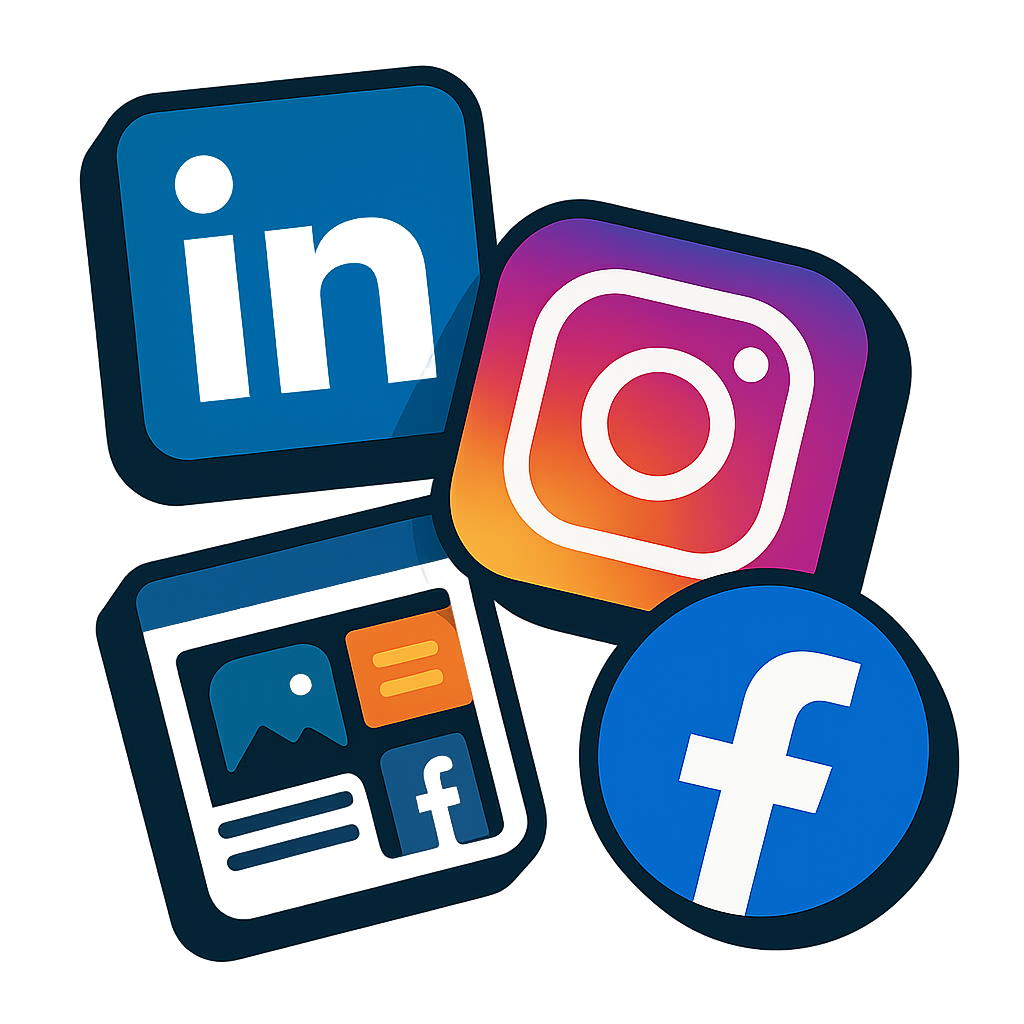 Bold visual of LinkedIn, Instagram, and Facebook icons representing social media platforms