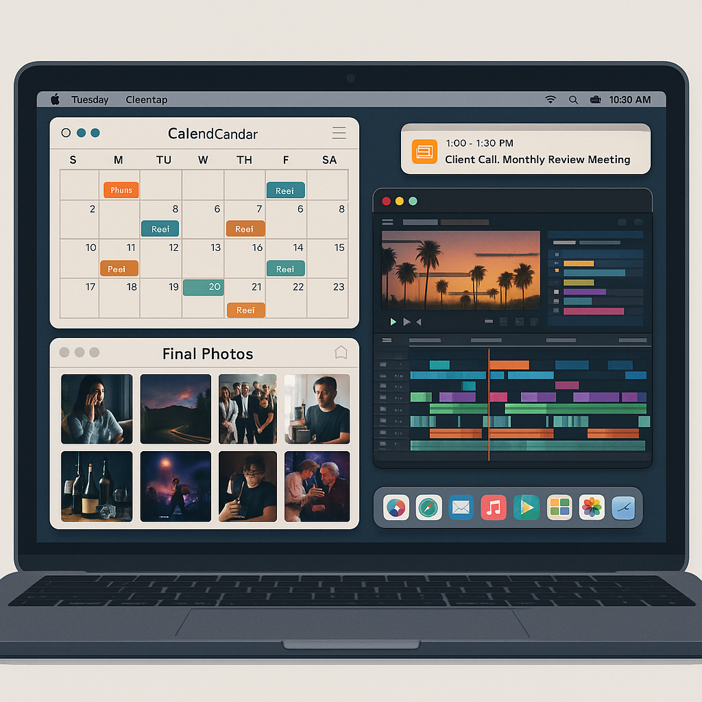 Digital content calendar and media editing timeline displayed on laptop screen
