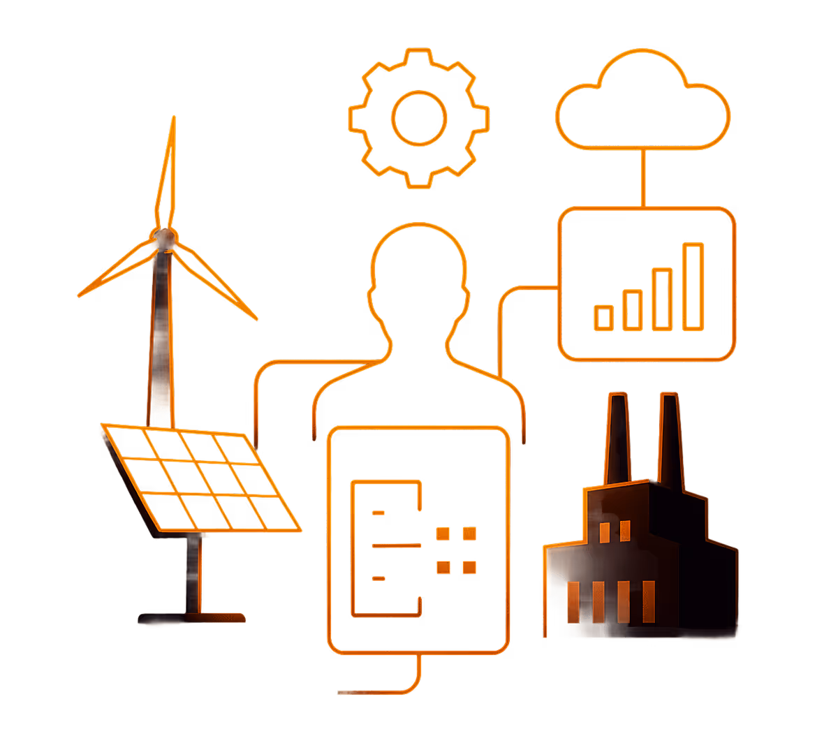 A man sits at a computer, with a wind turbine visible in the background, symbolizing renewable energy and technology.

