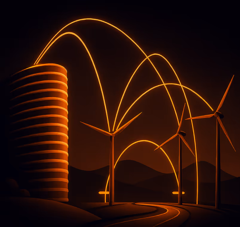 An illustration depicting a solar power plant alongside several wind turbines against a clear blue sky.

