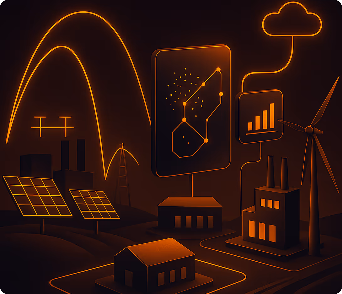 An illustration depicting a solar power plant alongside several wind turbines against a clear blue sky.

