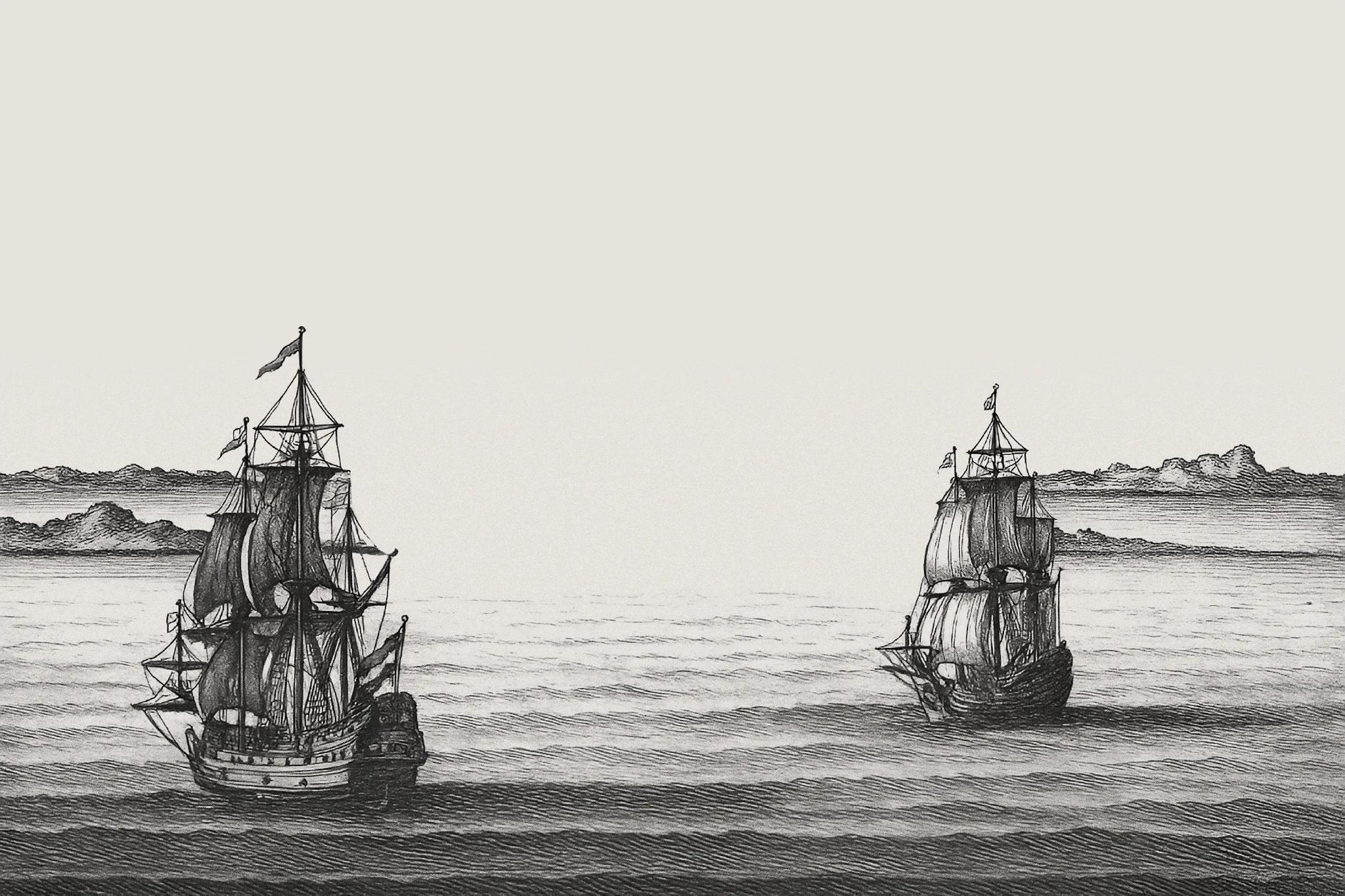 Drawing of open sea with two ships