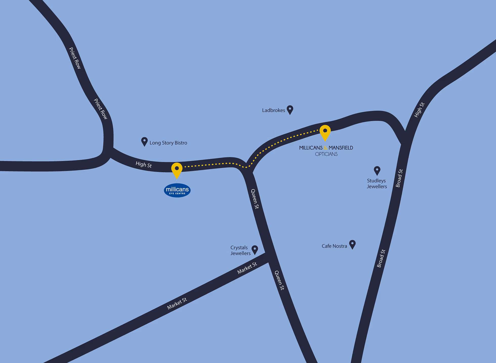 Local street map showing Millicans opticians and nearby businesses