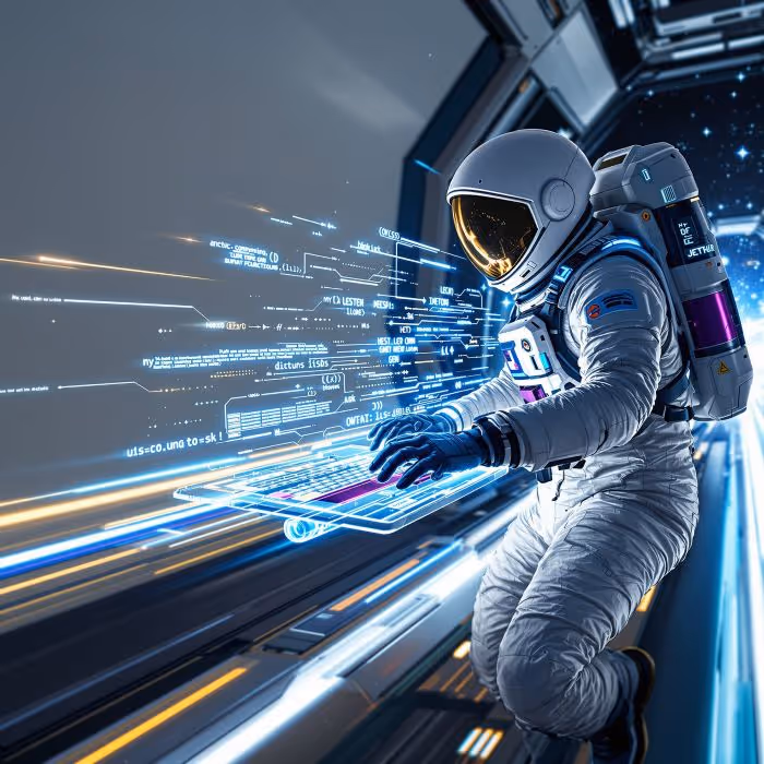 Astronaut at the control console of a warp-speed highway, symbolizing how Promptspace.ai’s multi-step system delivers up to 5x more effective results with the best prompt engineering tool for higher engagement and conversions.
