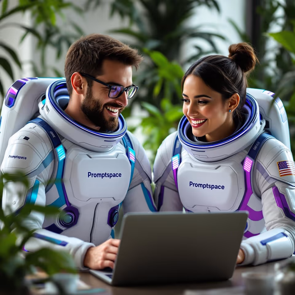 Two Promptspace.ai team members in astronaut suits symbolizing how the best AI prompt manager makes prompt management simple, efficient, and collaborative for entrepreneurs and individuals.