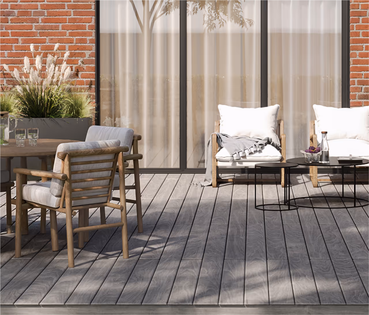 Accoya decking in front of a window with garden furniture