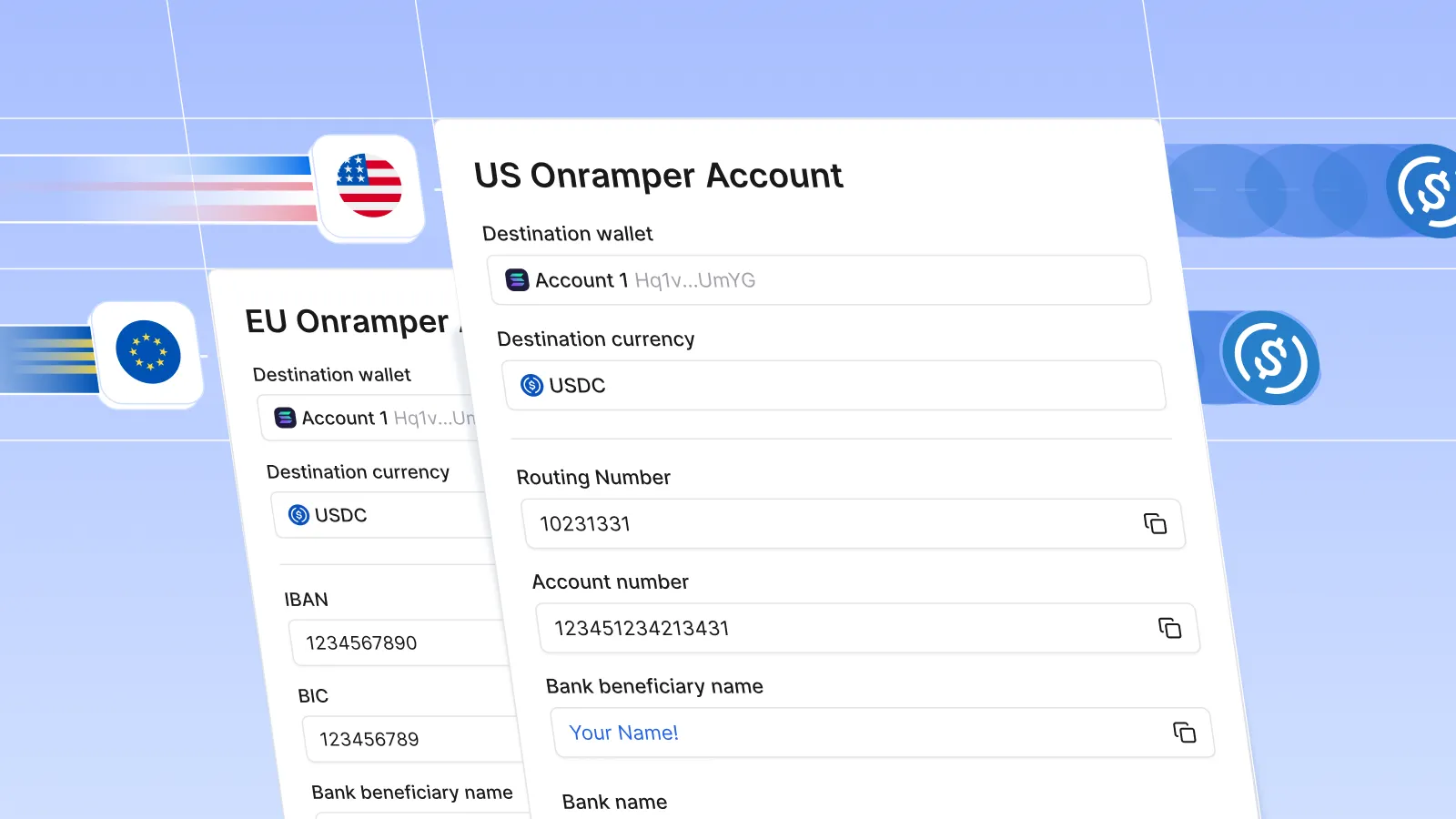 Onramper Accounts enable global users to receive USD and EUR bank transfers and settle funds in stablecoins.