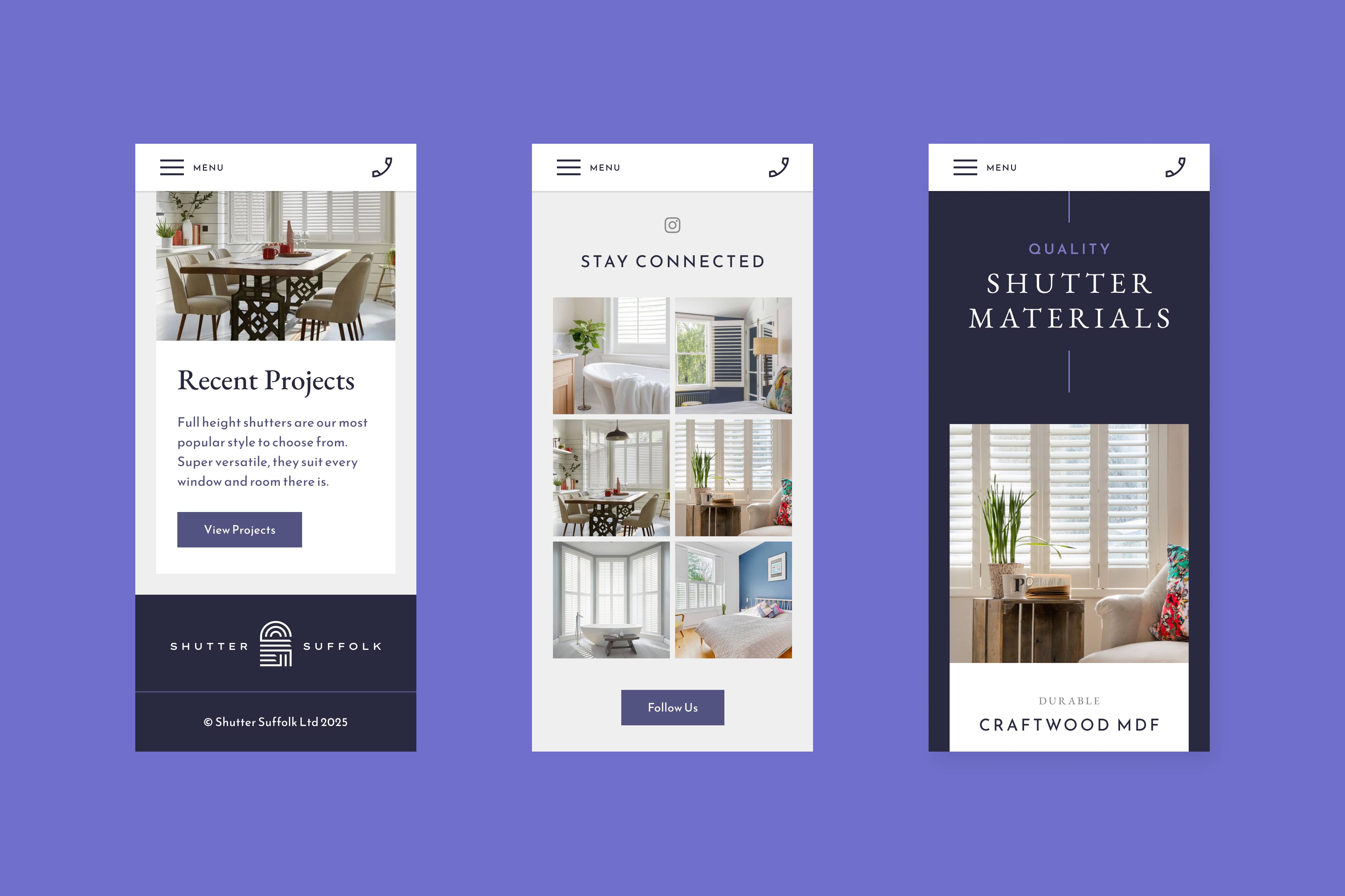 Mobile website design for Shutter Suffolk with materials gallery, Instagram feed, and recent projects section.
