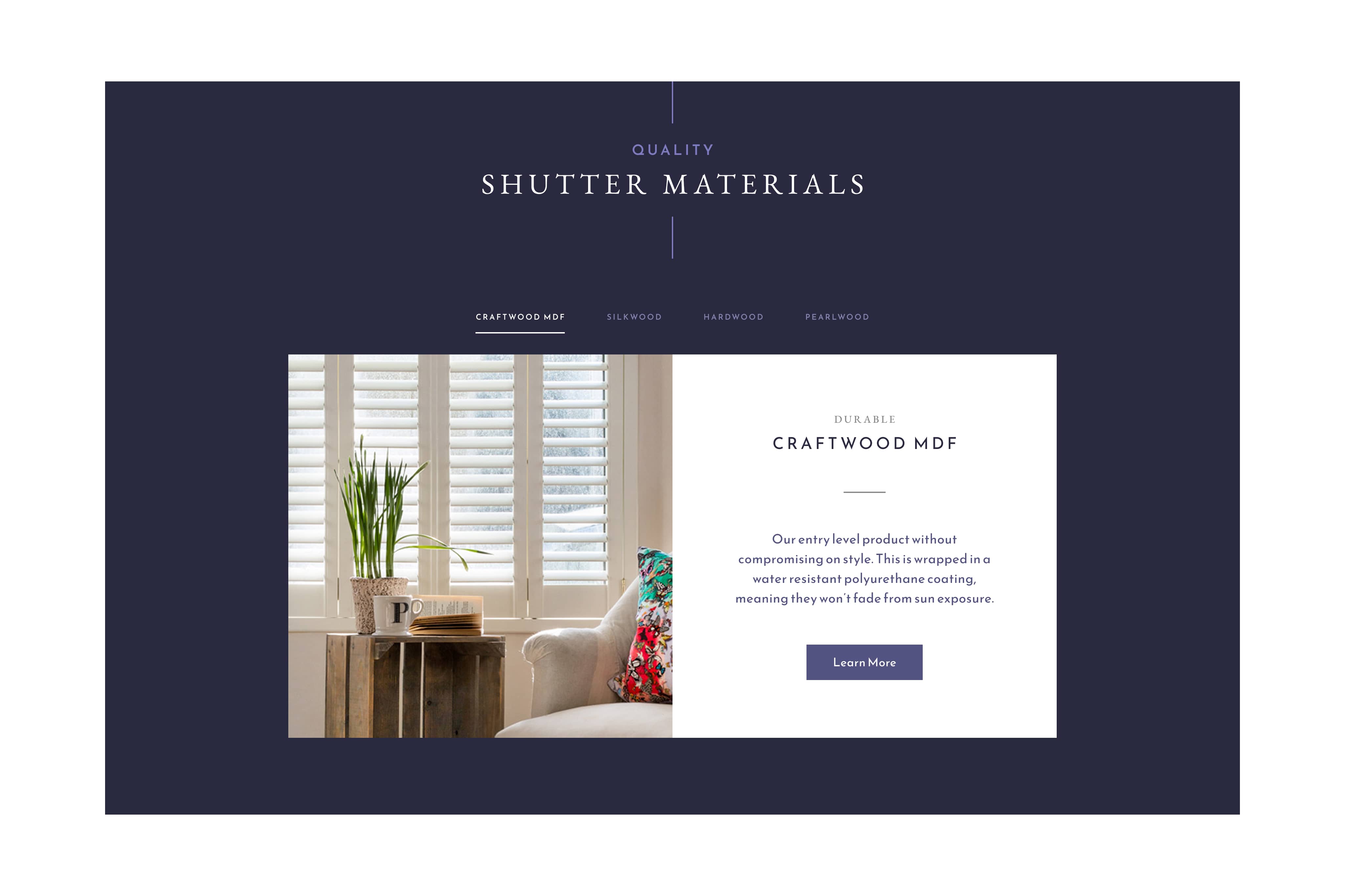 Desktop website design for Shutter Suffolk with shutter materials section and tab navigation.