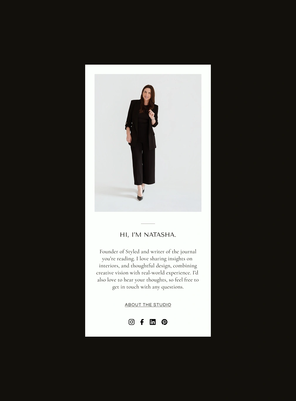 Mobile view of the About section, featuring a short biography with links to learn more and social media icons.