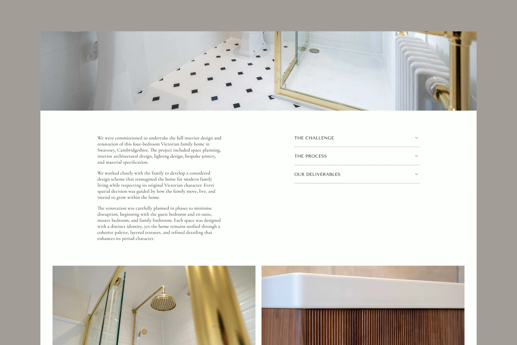 Desktop mockup of an interior design project page, featuring a large hero image, project description, and an image gallery.