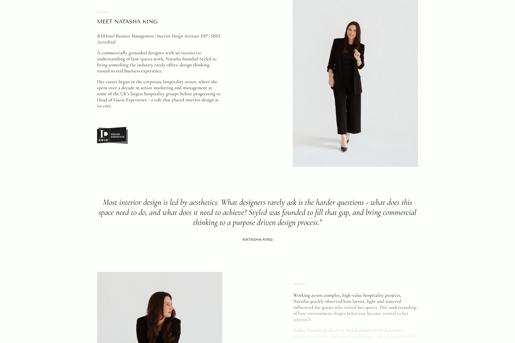 Desktop mockup of the About page, highlighting Natasha King's design expertise, professional history, and a featured quote.