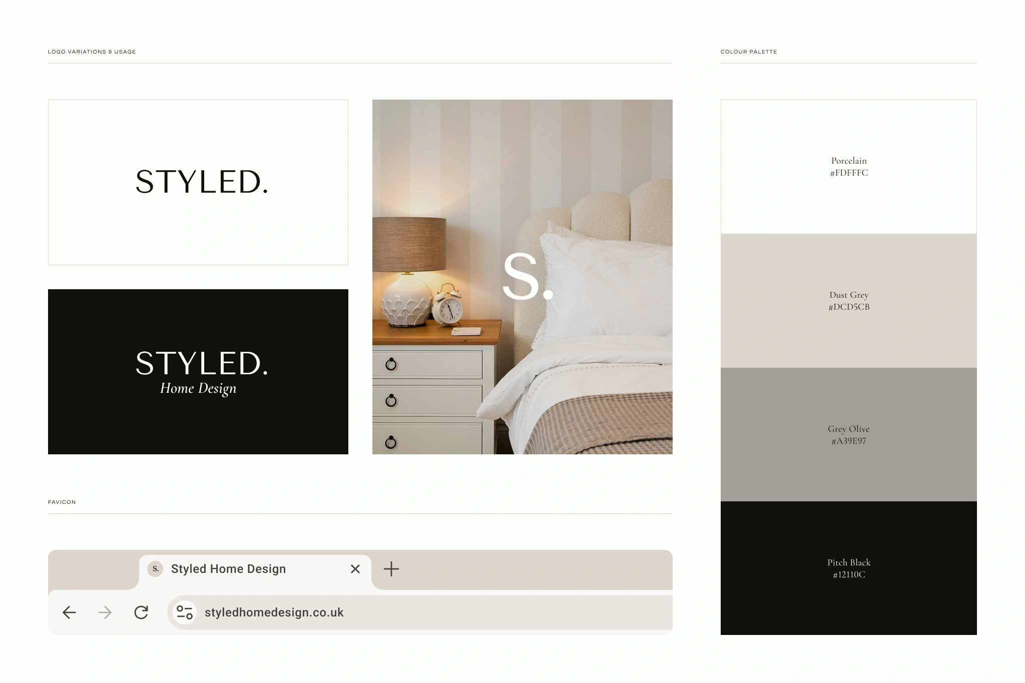 Visual identity guide for an interior designer, showcasing logo usage guidelines, the color palette, and the favicon design.