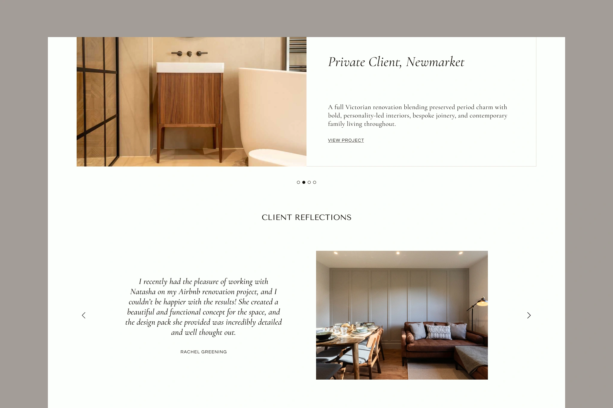 Homepage desktop mockup featuring an interactive recent projects carousel and a client testimonials slider.