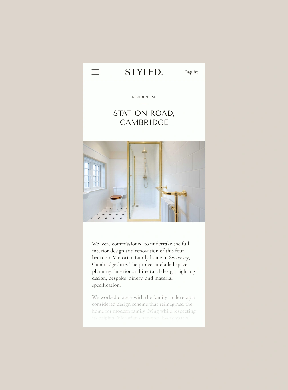 Mobile mockup of an interior design project page, displaying the project title, featured hero image, and project description.