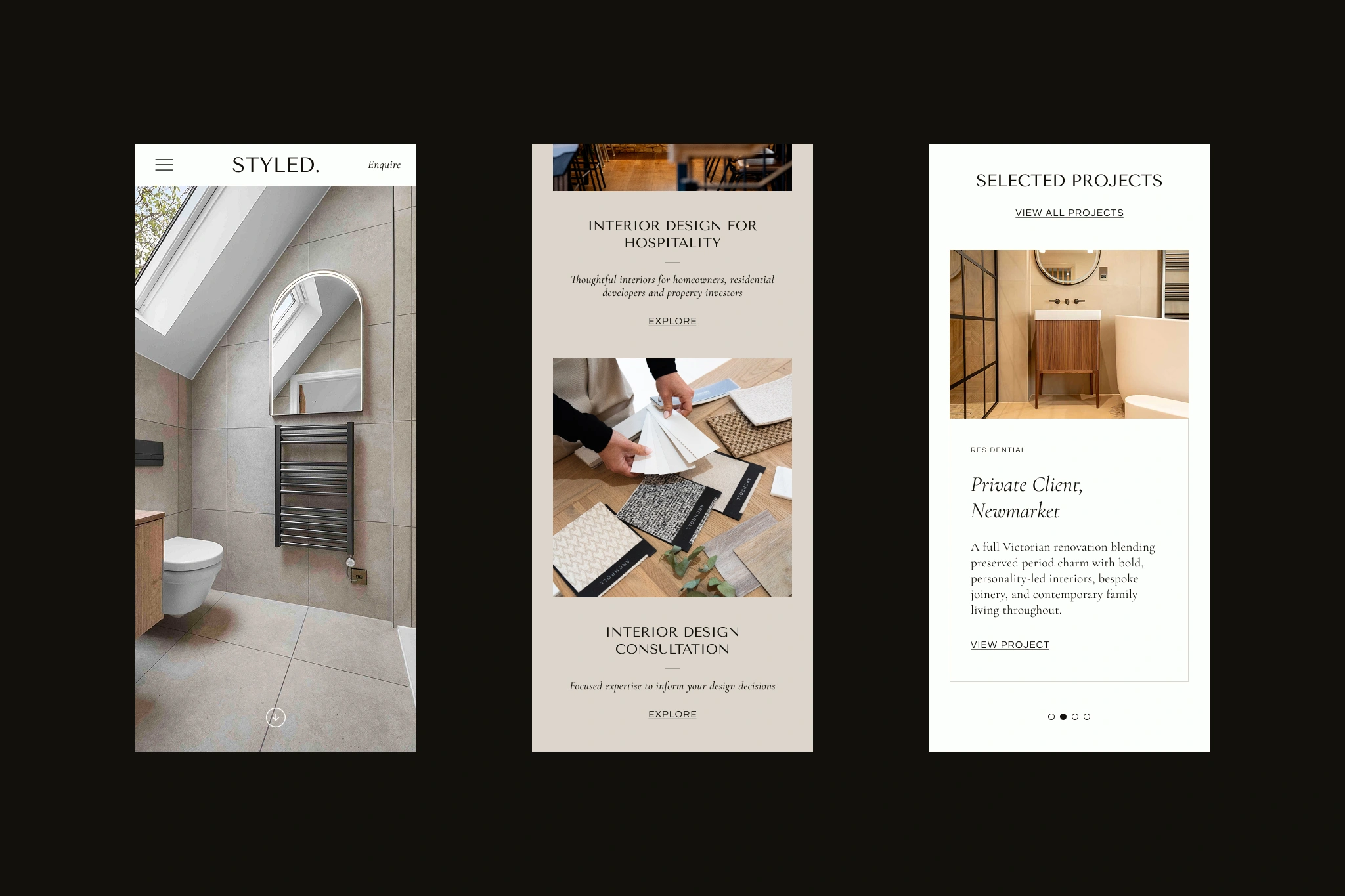 Three mobile mockups of an interior design homepage: one with the logo, menu, and a video background; the second detailing design services; and the third displaying a recent projects carousel.