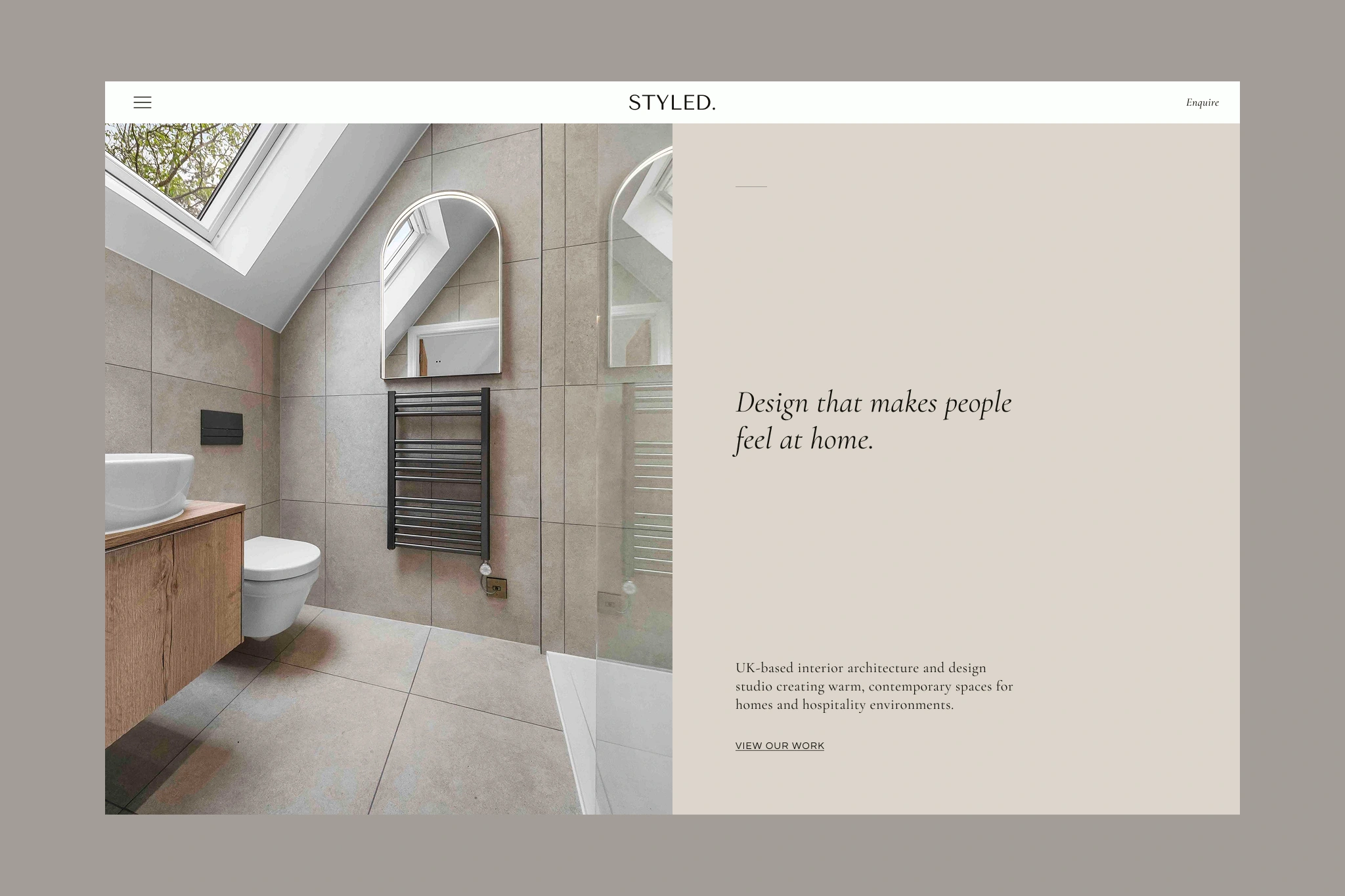 Desktop mockup of a homepage hero section with a 50/50 split layout. The top navigation features a logo, menu, and a "Contact" call-to-action. Below, a video background showcases recent projects on the left, while the right side introduces interior designer Natasha King with a link to view her work.