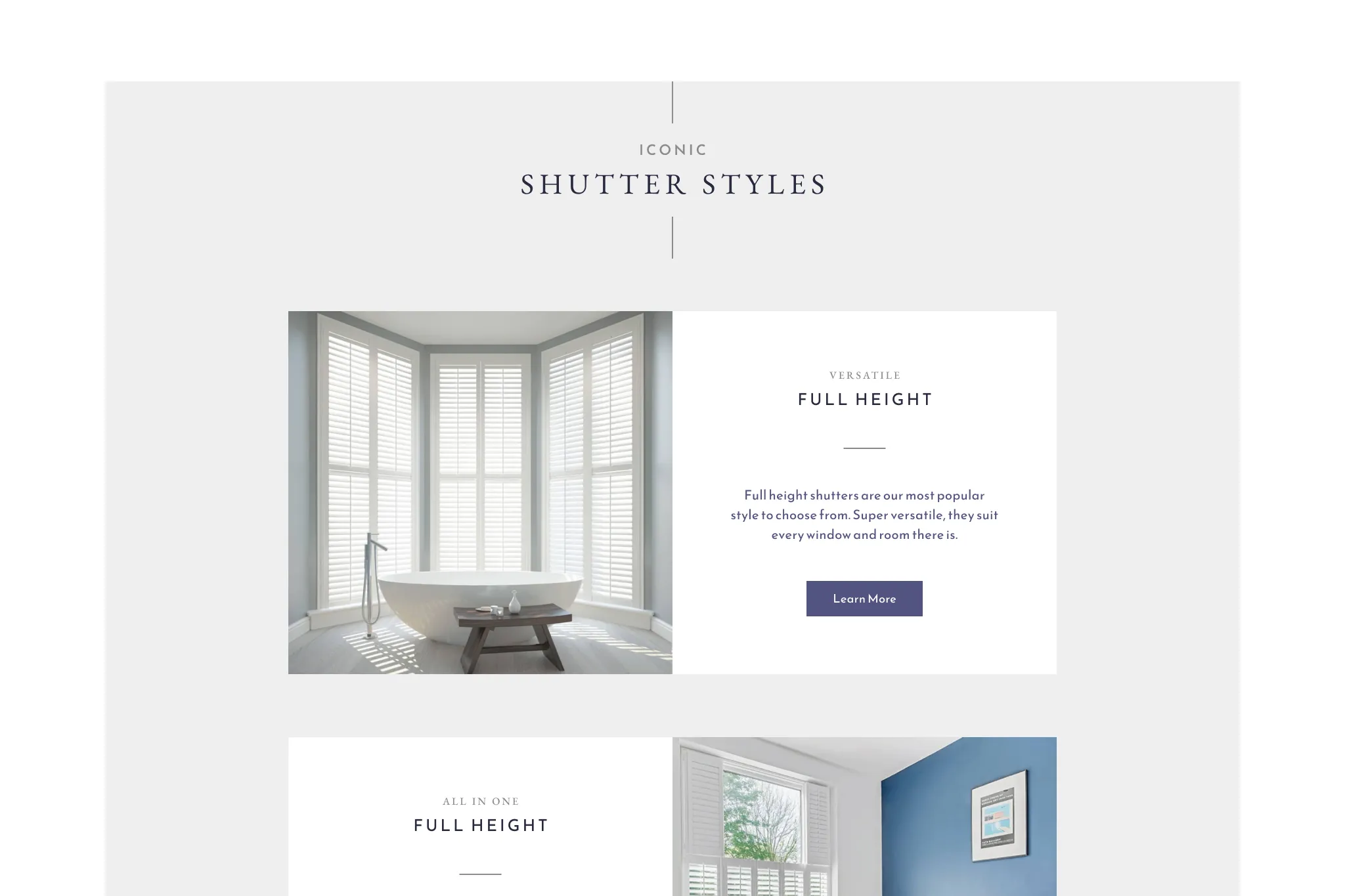 The shutter styles section on the desktop website, showcasing clean typography, descriptive text, and call-to-action buttons for each style.