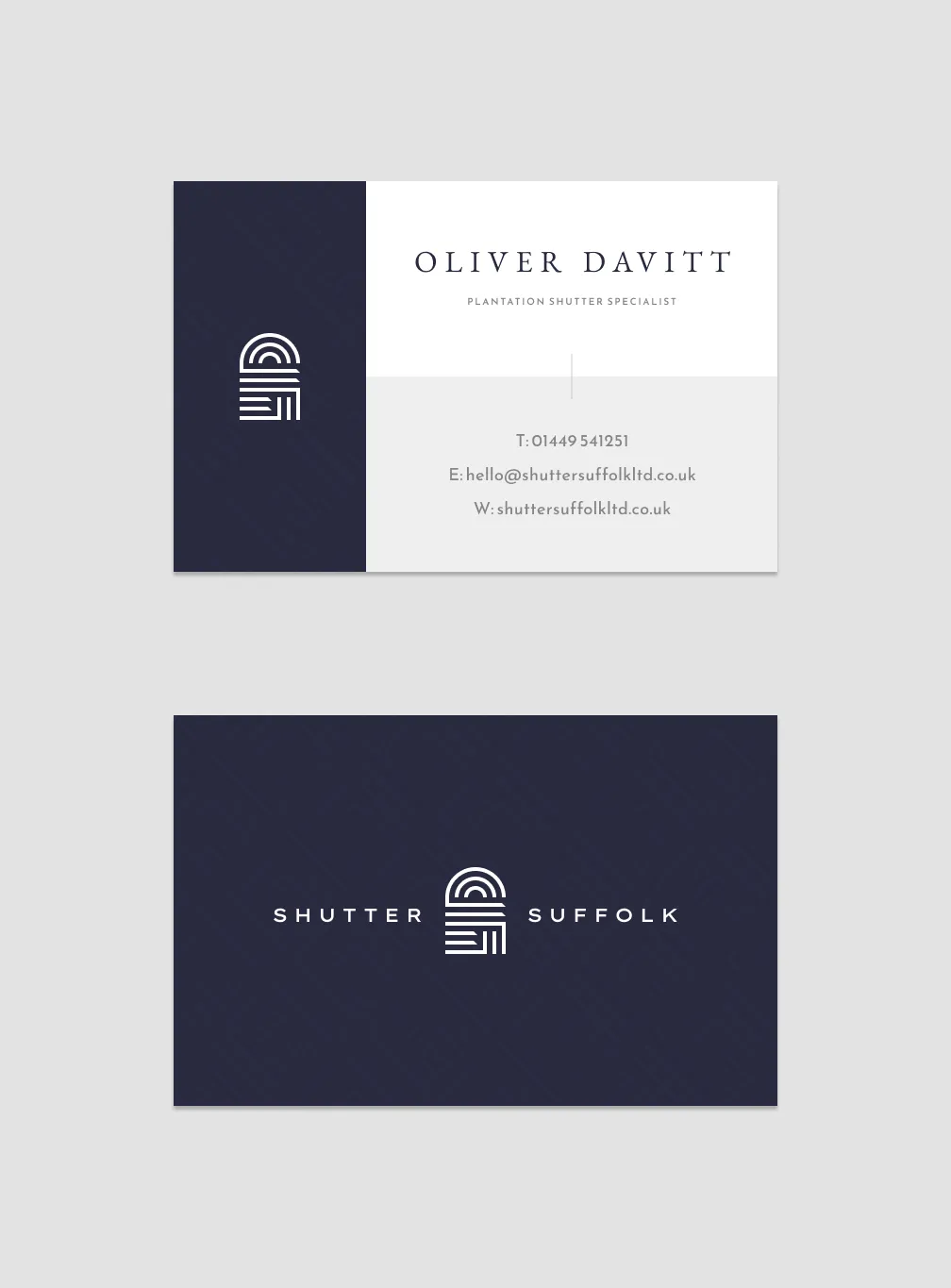 Double-sided business card design for Director Oliver Davitt, showcasing both the clean front identity and the contact details layout on the reverse side.