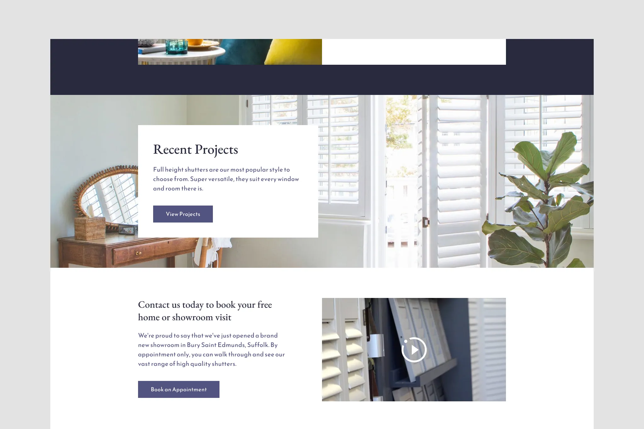 A prominent website banner highlighting recent installation projects with a clear call-to-action button to view the full portfolio.