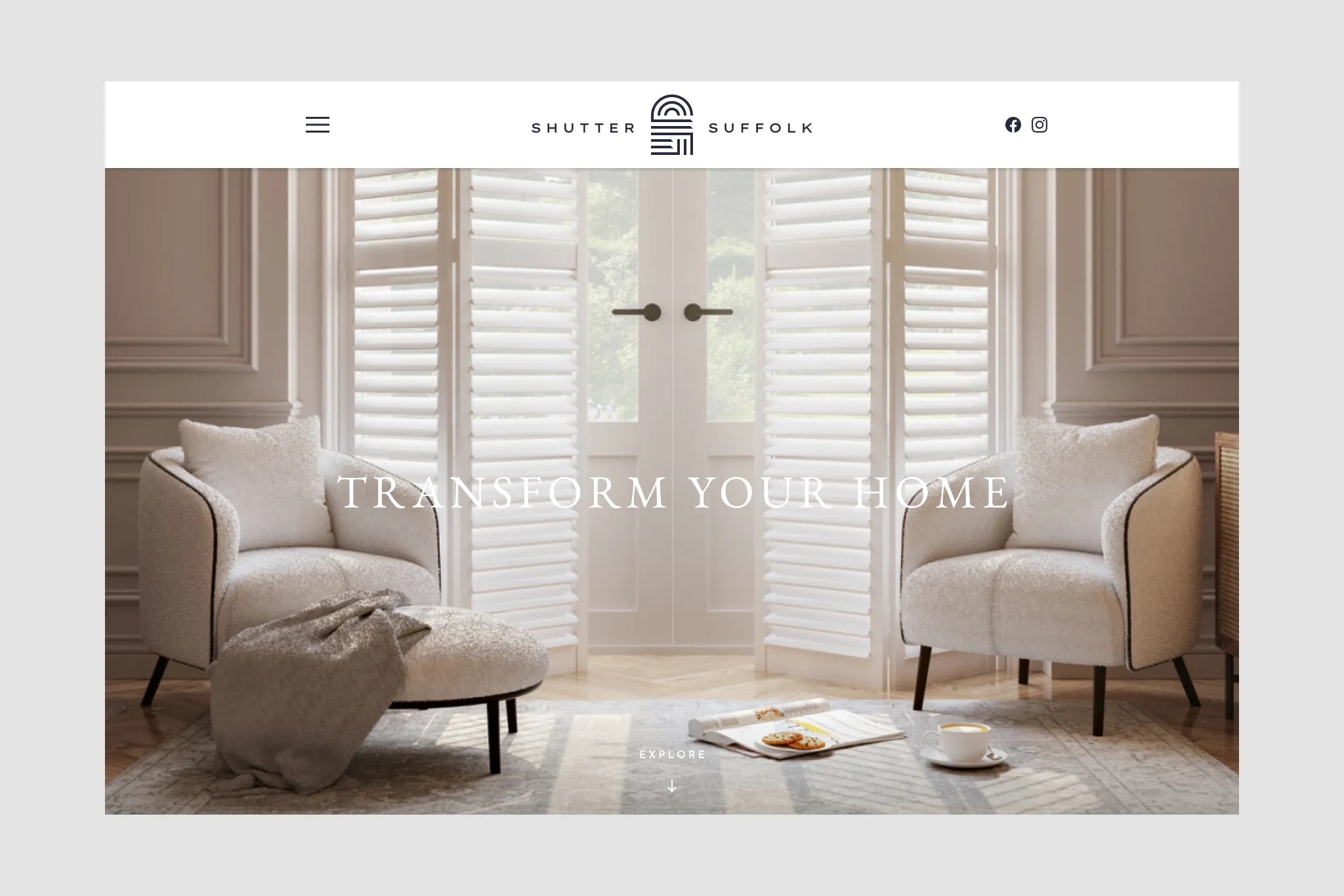 Shutter Suffolk website hero section featuring the minimalist logo, navigation menu, and social media icons above a bright interior room with full-height white door shutters.