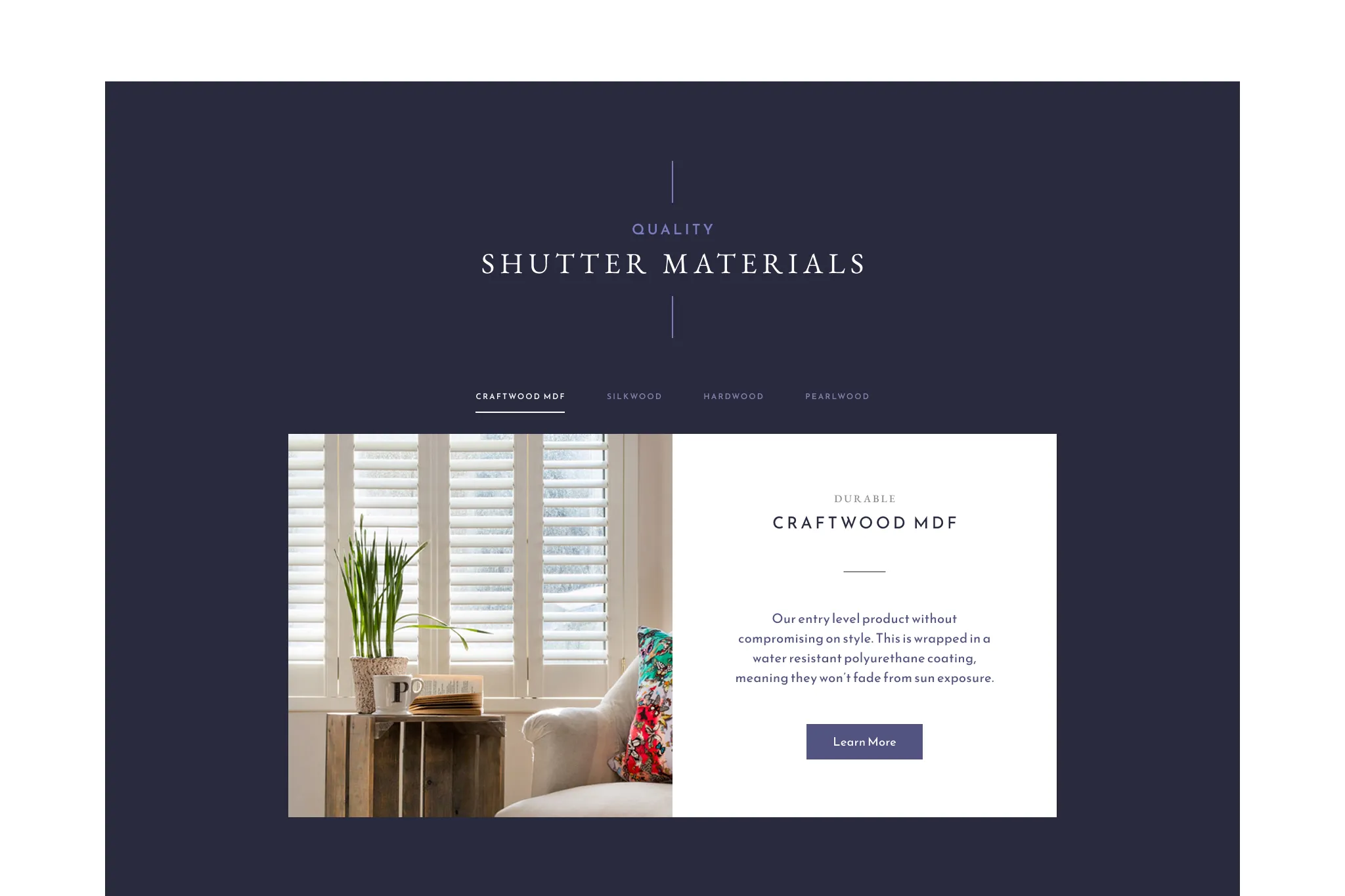 The shutter materials feature on the desktop website, showcasing an interactive tabbed slider interface to browse different material options.