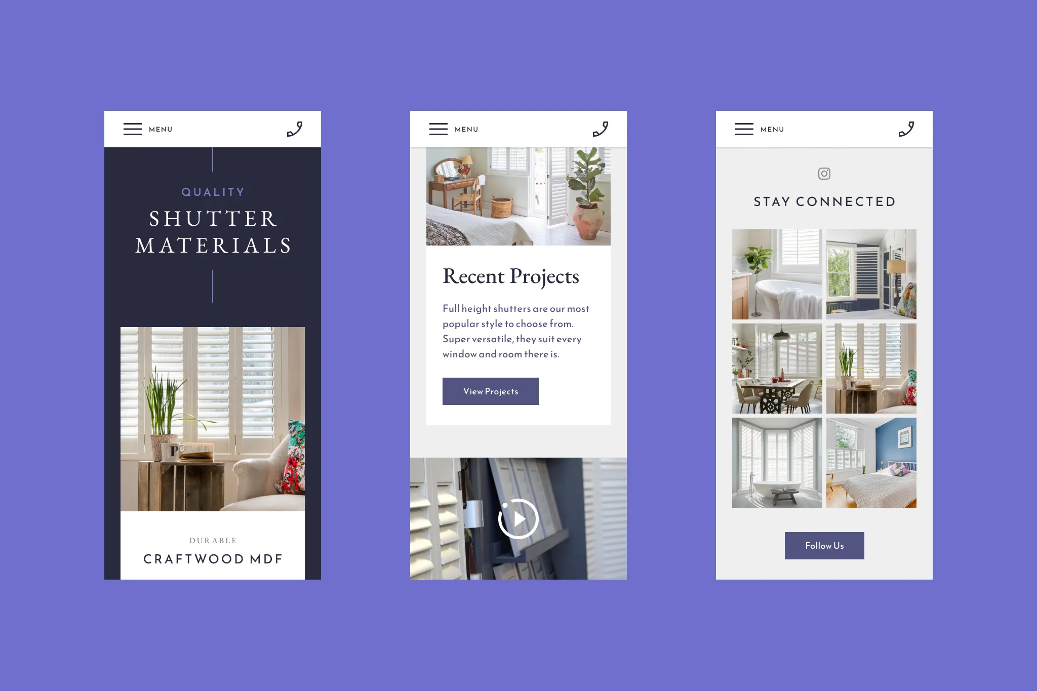 Responsive mobile website layout view displaying the recent projects cards, an integrated Instagram gallery grid, and a stacked view of the shutter materials section.
