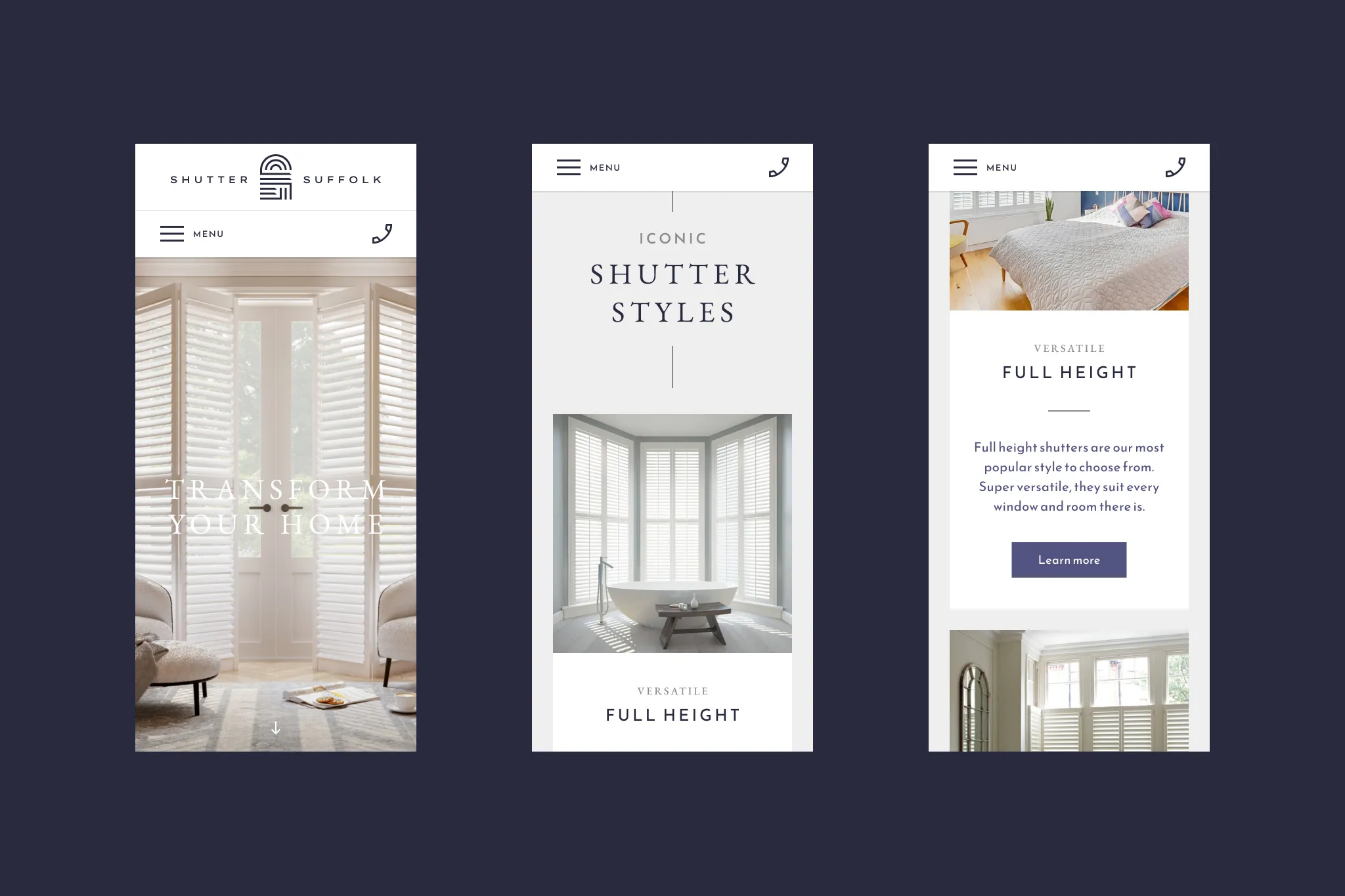 Responsive mobile website layout view showing the compact navigation menu, the shutter styles section, and the stacked arrangement of the portfolio gallery.
