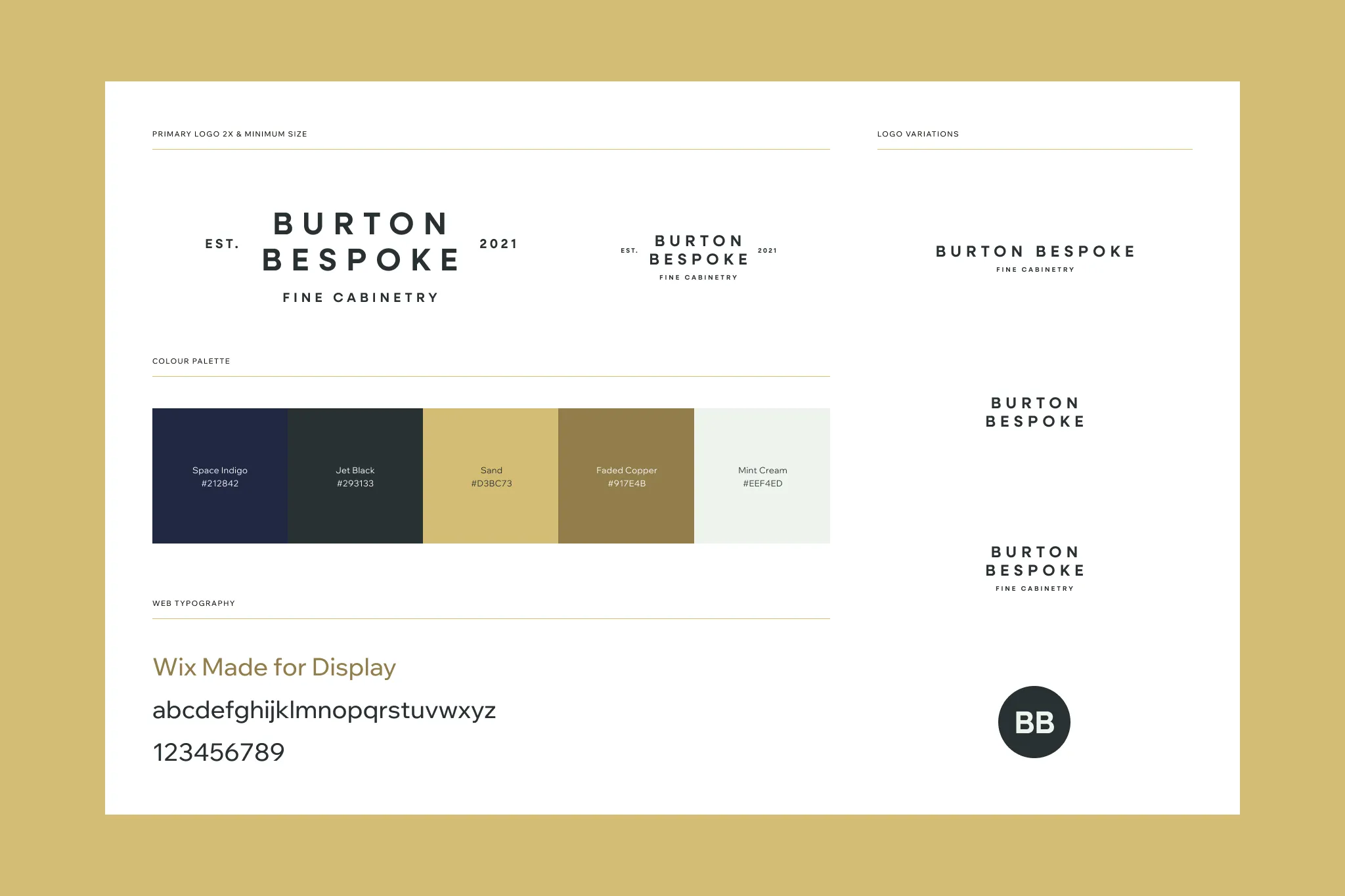 The Burton Bespoke visual identity style guide, displaying traditional British typography rules, logo variations, and the core brand color palette.