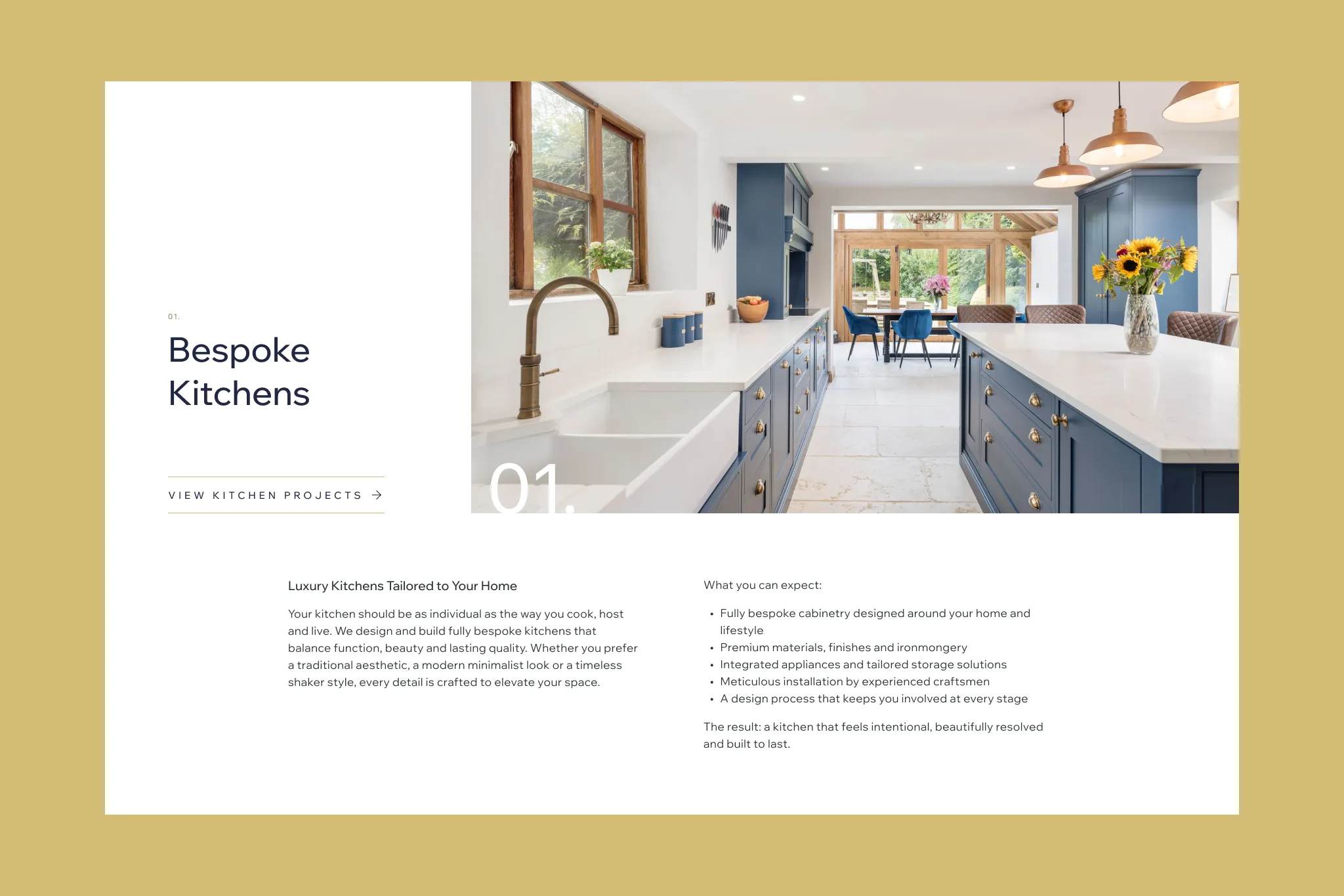 The bespoke kitchen service page layout, utilizing a modern asymmetrical design with generous white space and large-scale right-aligned imagery.