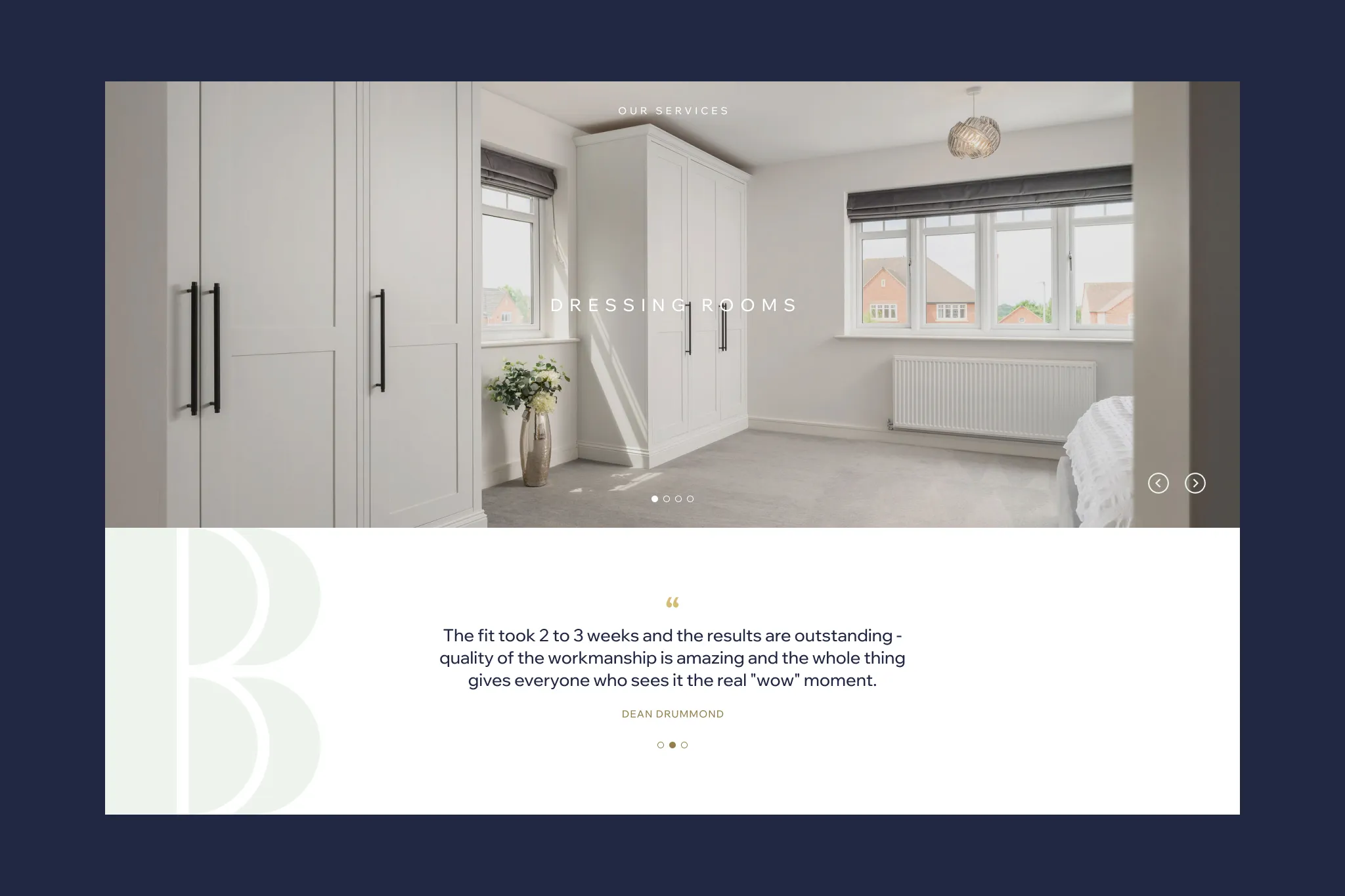 The Burton Bespoke desktop layout featuring a full-width service overview slider alongside client testimonial carousels.
