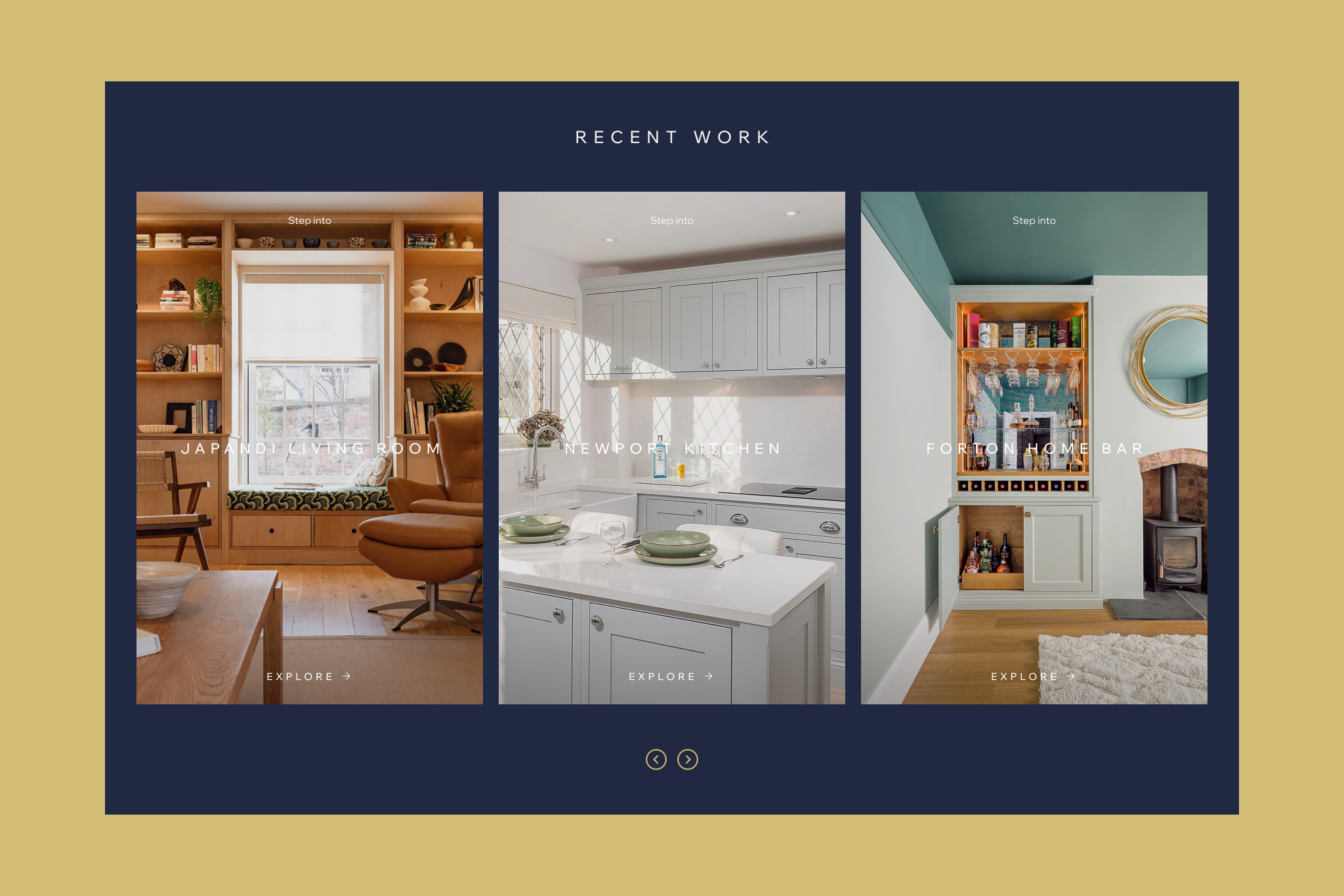A clean, tiled portfolio carousel on the desktop website showcasing featured imagery from recent high-end installation projects.