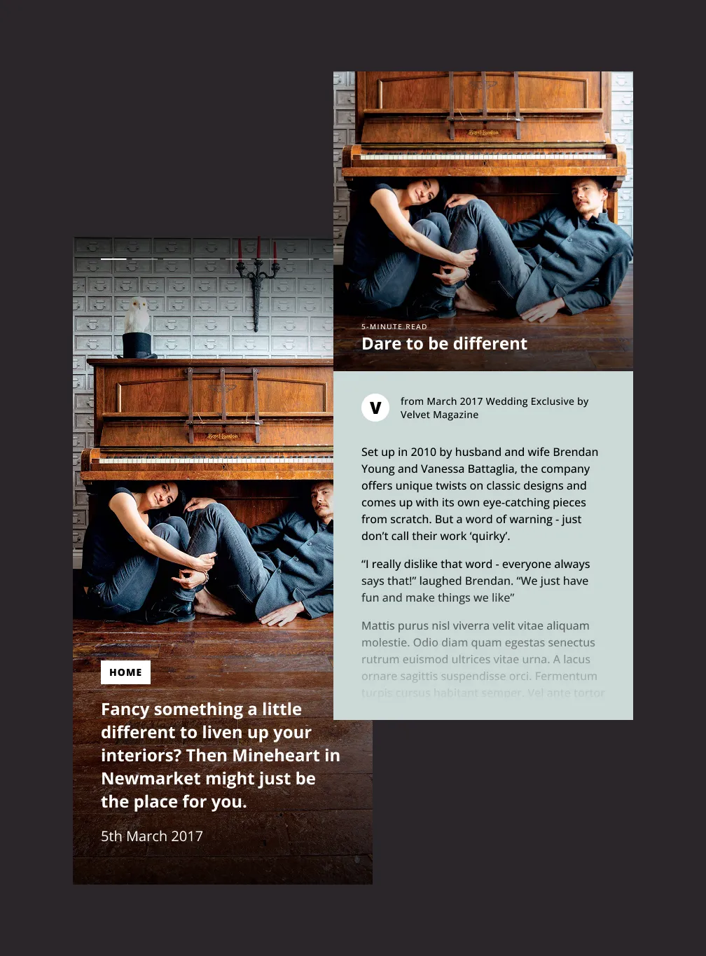 Two mobile screen mockups demonstrating Velvet Magazine content converted into the visually rich, fast-loading Issuu AMP Story format.
