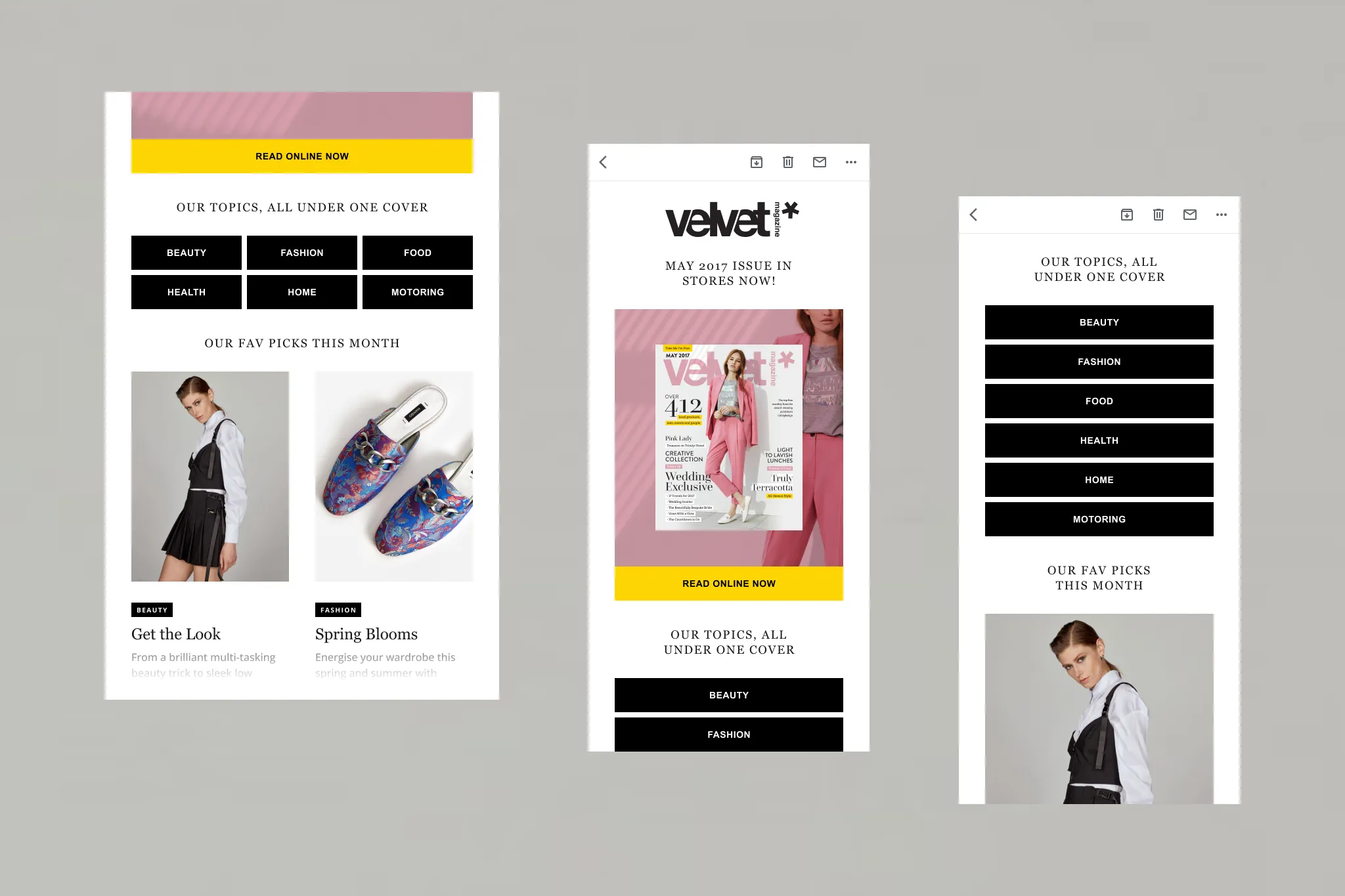 Velvet Magazine responsive email newsletter design displayed on both desktop and mobile screens, showcasing a clean, image-rich editorial layout.