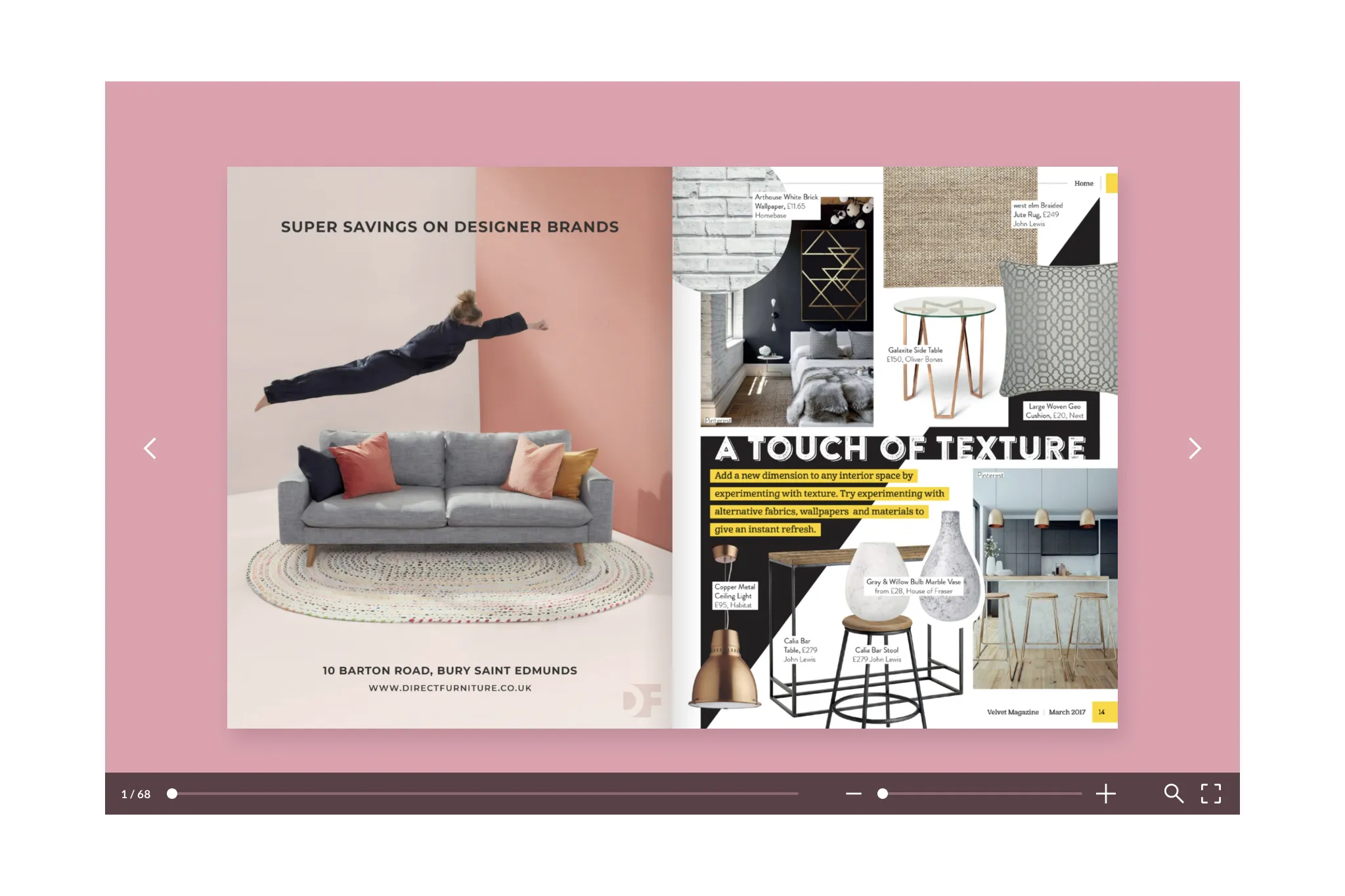 A digital double-page spread of Velvet Magazine displayed inside an interactive page-flip viewer, showcasing integrated contextual advertising layouts.