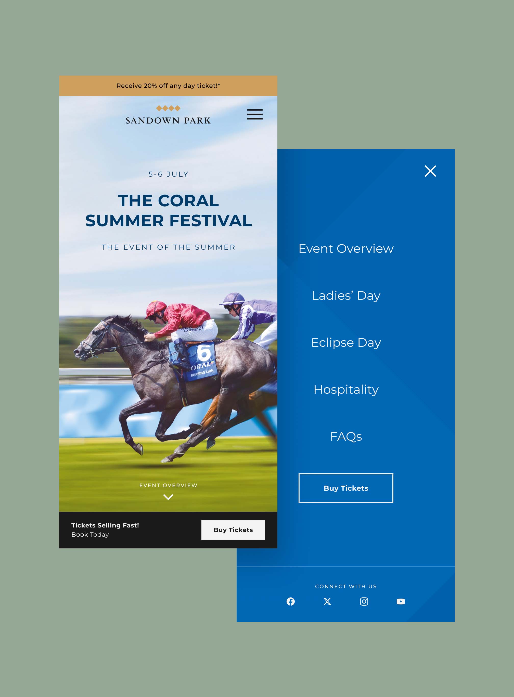 Two mobile UI mockups of the Coral Summer Festival landing page, showing a 20% off banner and a fixed 'Book Tickets Now' CTA button.
