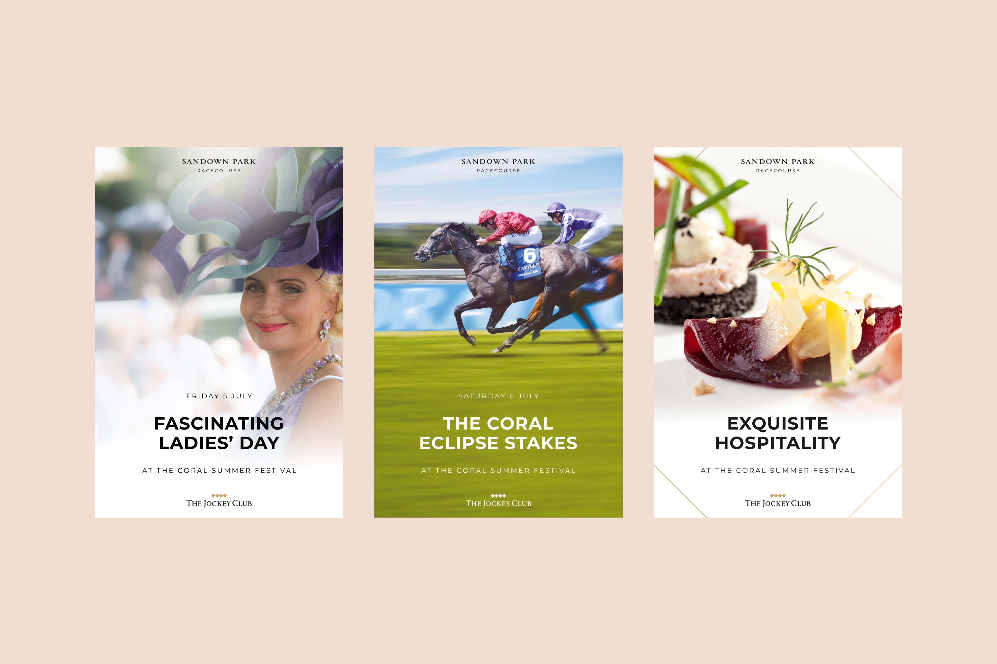 Three A-format OOH advertising poster mockups promoting Ladies Day, Coral Eclipse Day, and event hospitality for the London Underground.