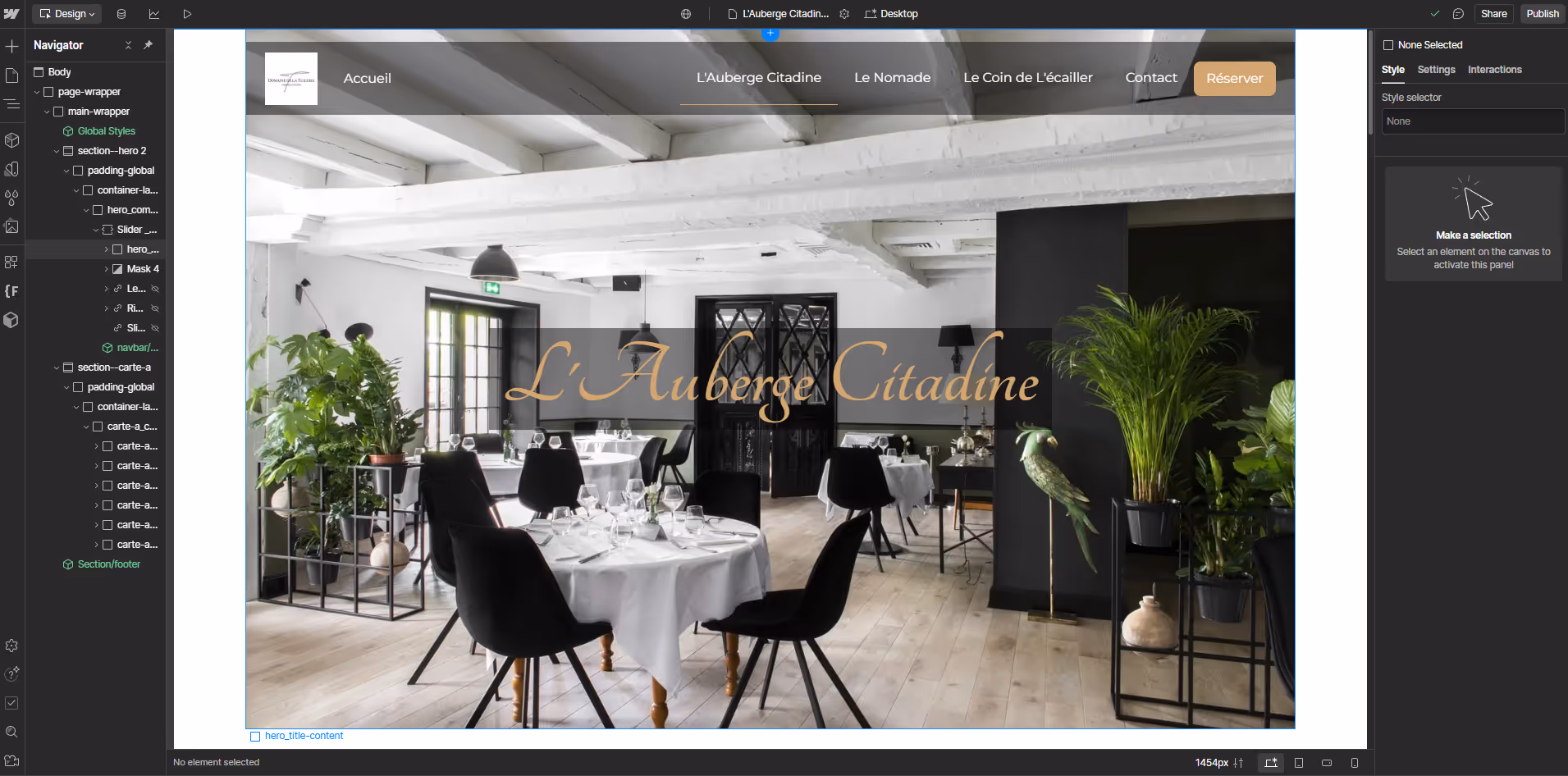 page de conception webflow avec une photo de salle de restaurant