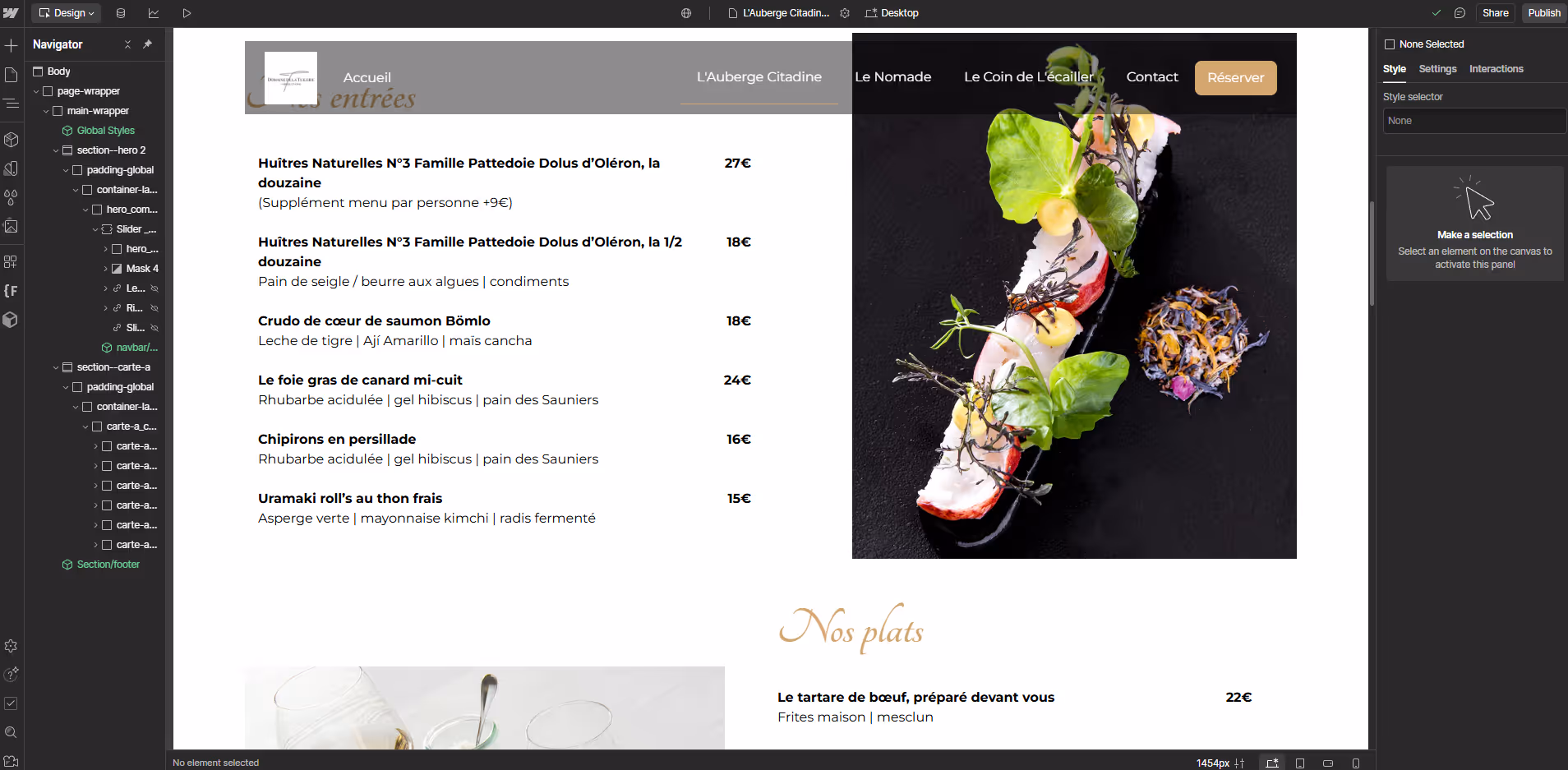 page de site internet , avec carte de restaurant et image d'un plat