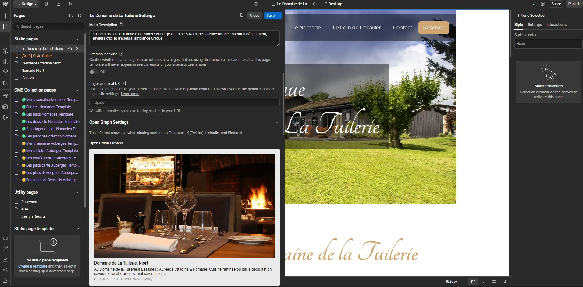 Fenêtre webflow ouverte sur paramètre de page SEO