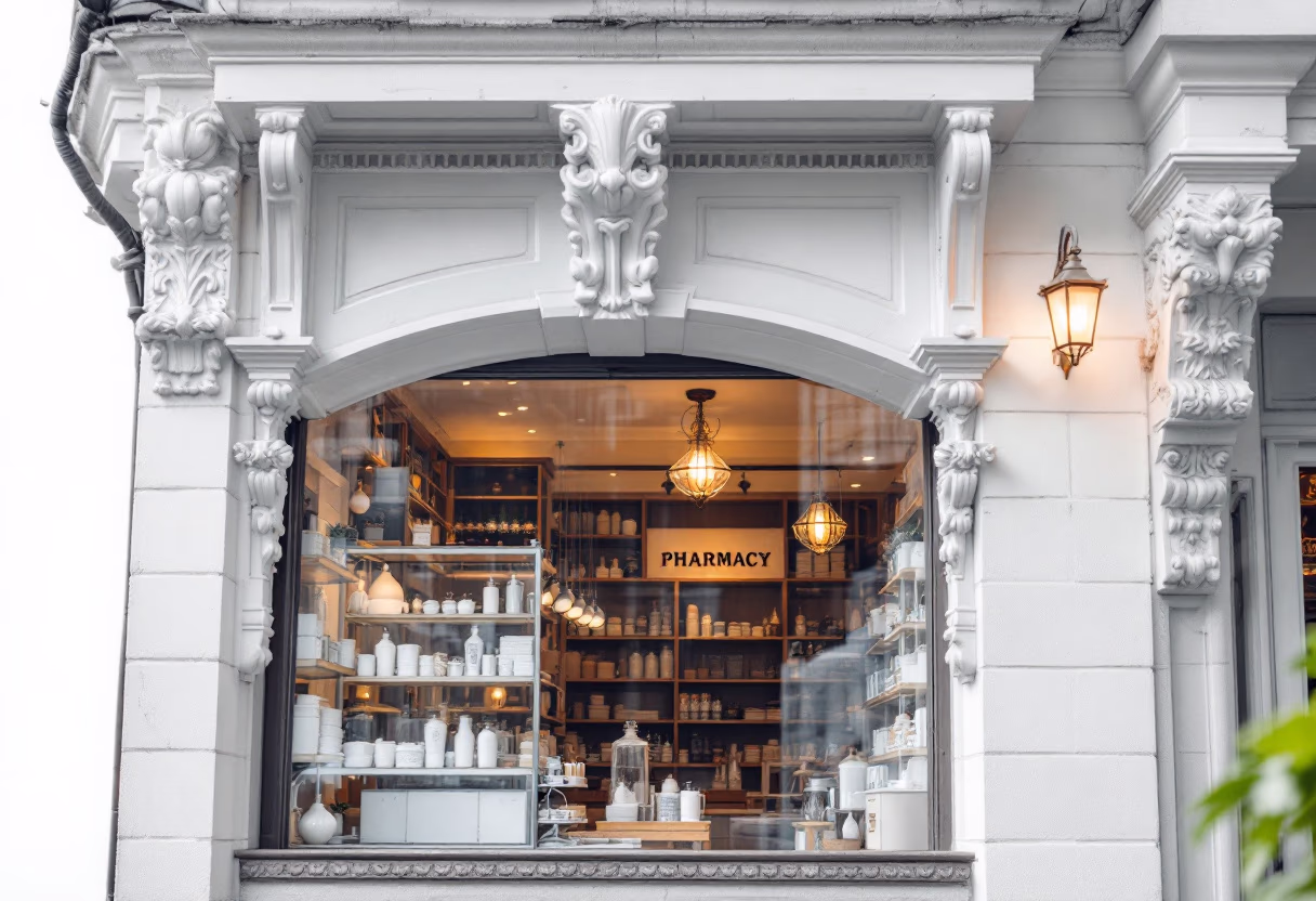 [background image] historic pharmacy building or storefront (for a pharmacy)