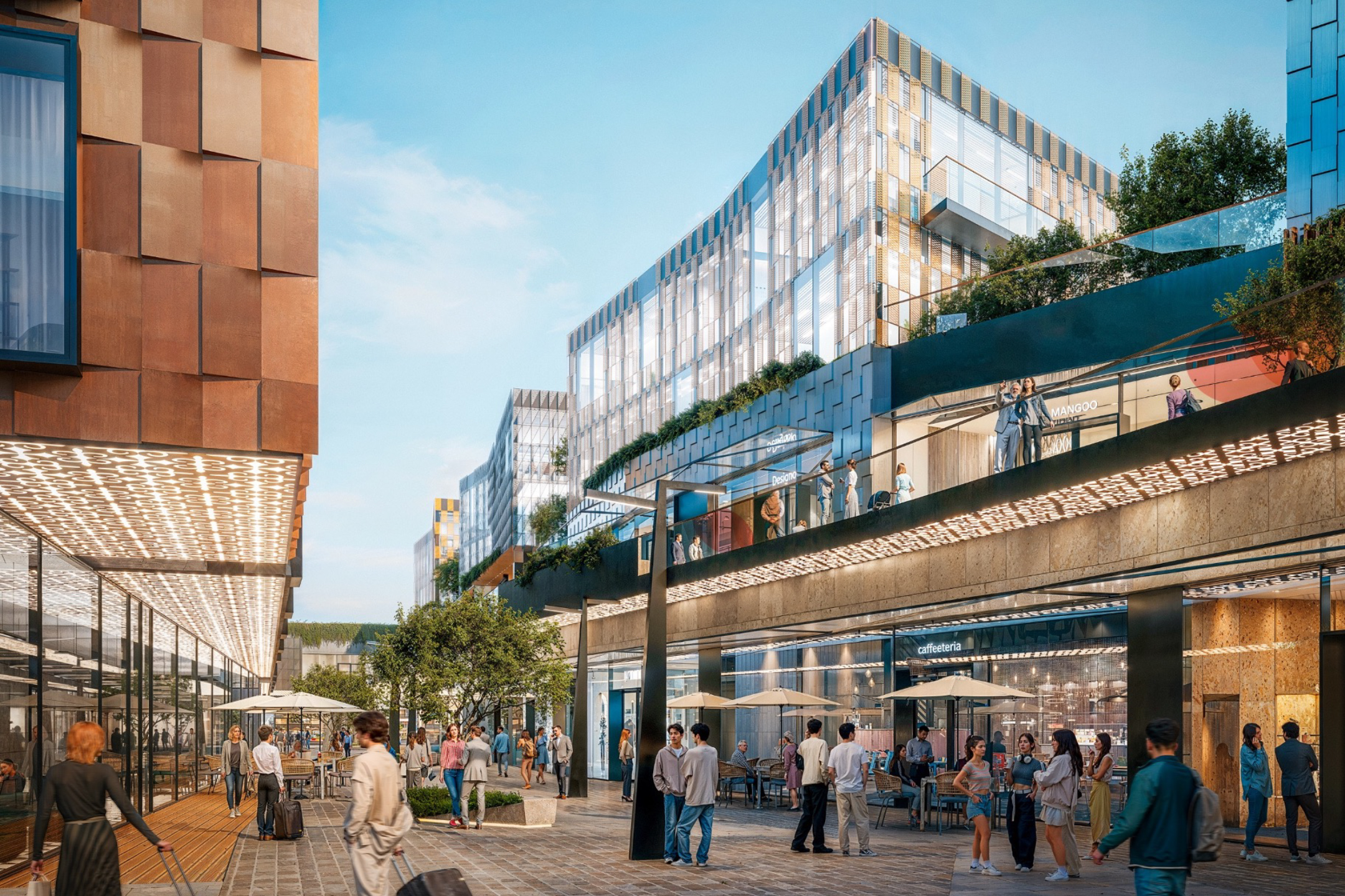 People walking along a modern retail street with glass storefronts and copper façades at Almaty Hillside Outlet.