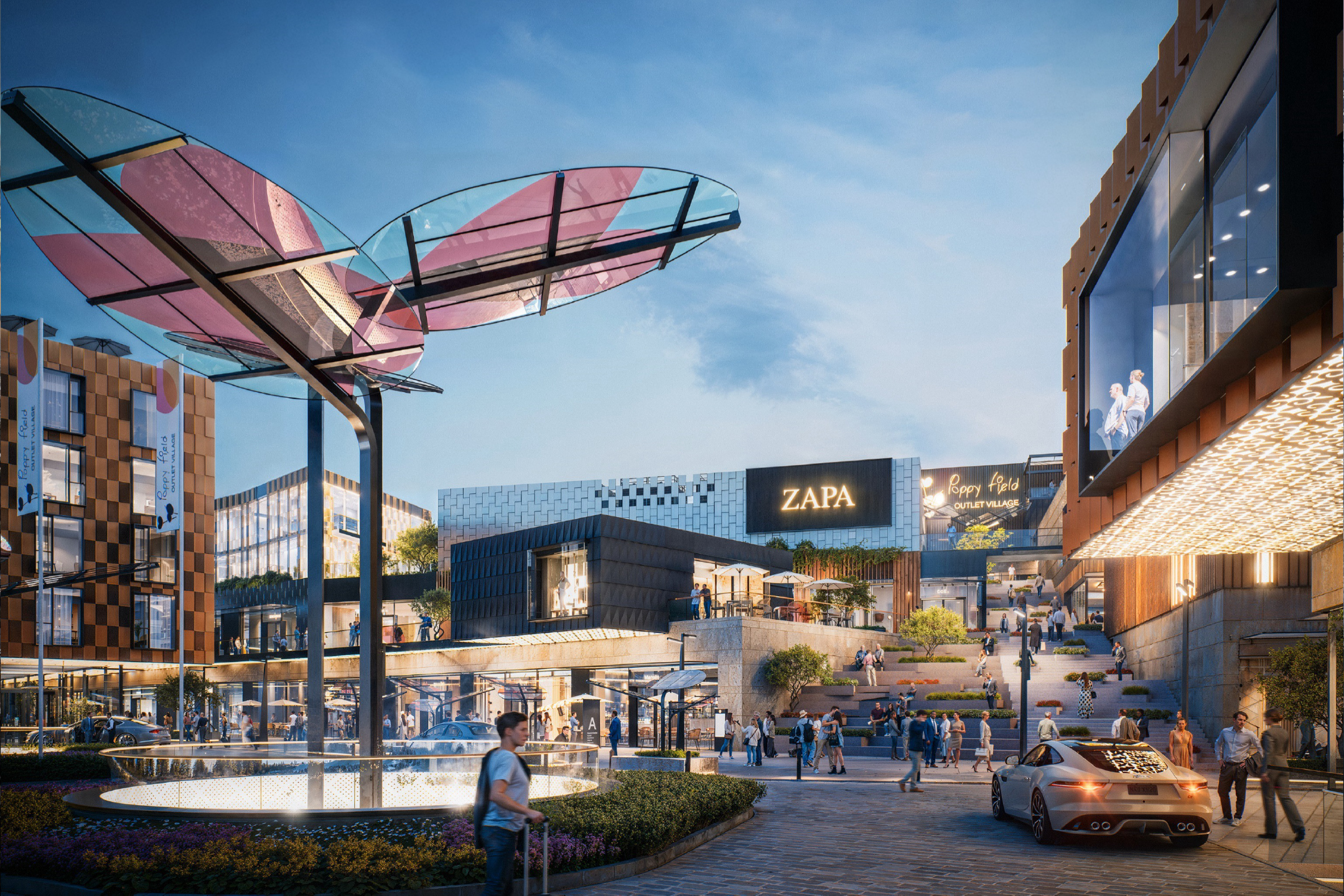 Evening plaza at Almaty Hillside Outlet with glass-petal canopy over fountain, lit shops, and visitors.