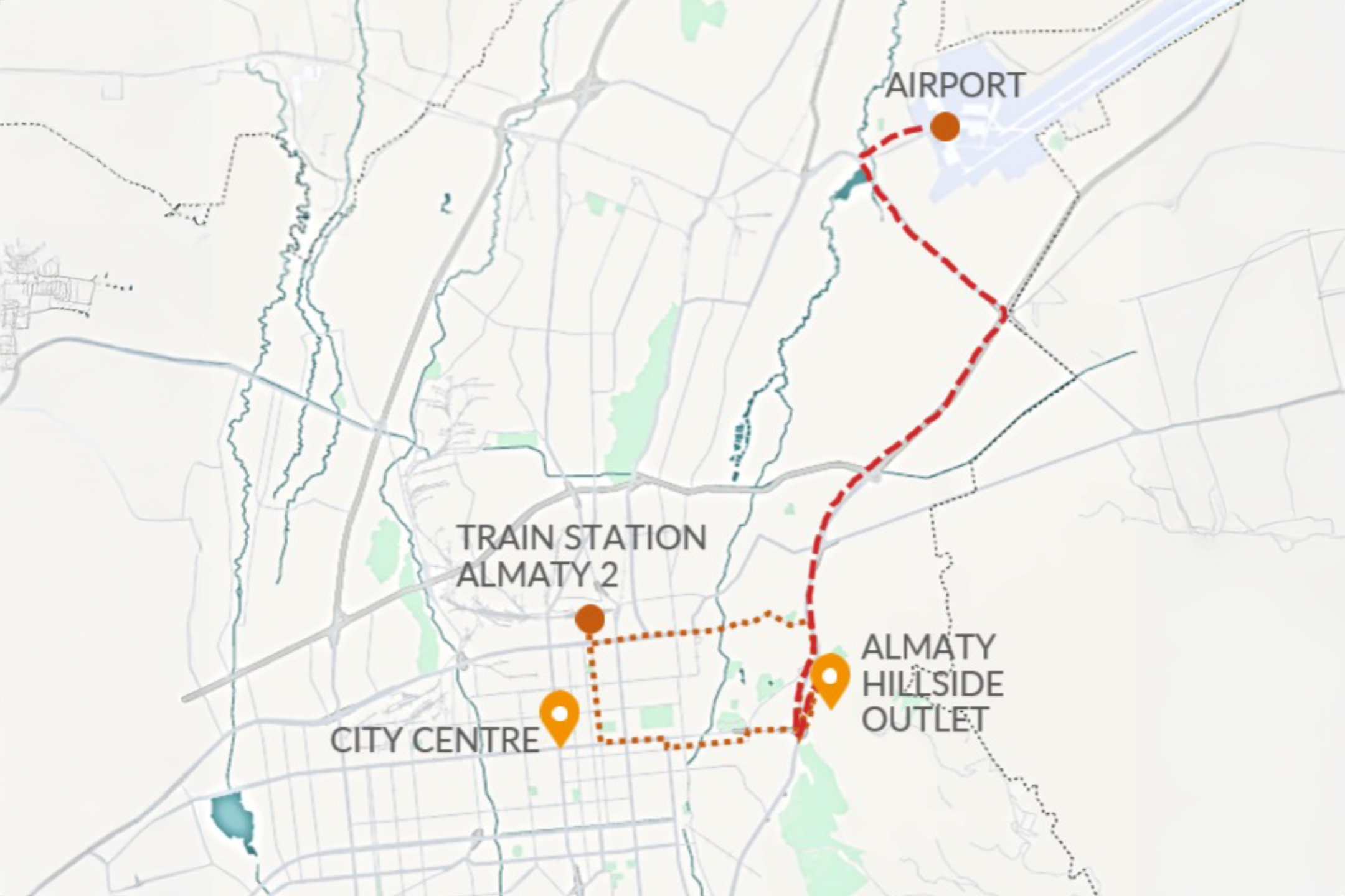 Transport routes to Almaty Hillside Outlet from airport (red), city centre (orange) and Train Station Almaty-2 (brown).
