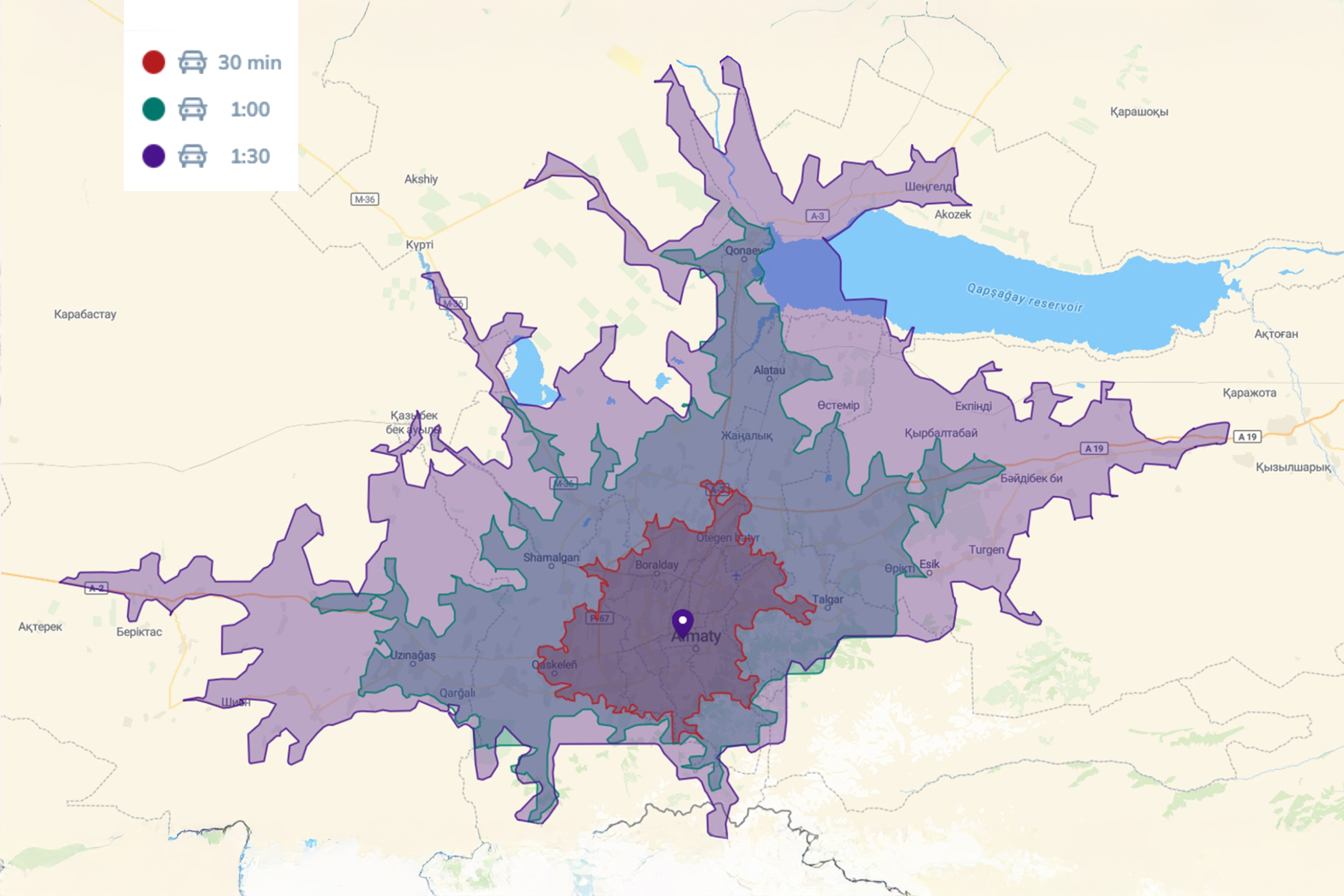 Drive-time map around Almaty Hillside Outlet: 30 min (red), 1 hour (green), 1.5 hours (purple).